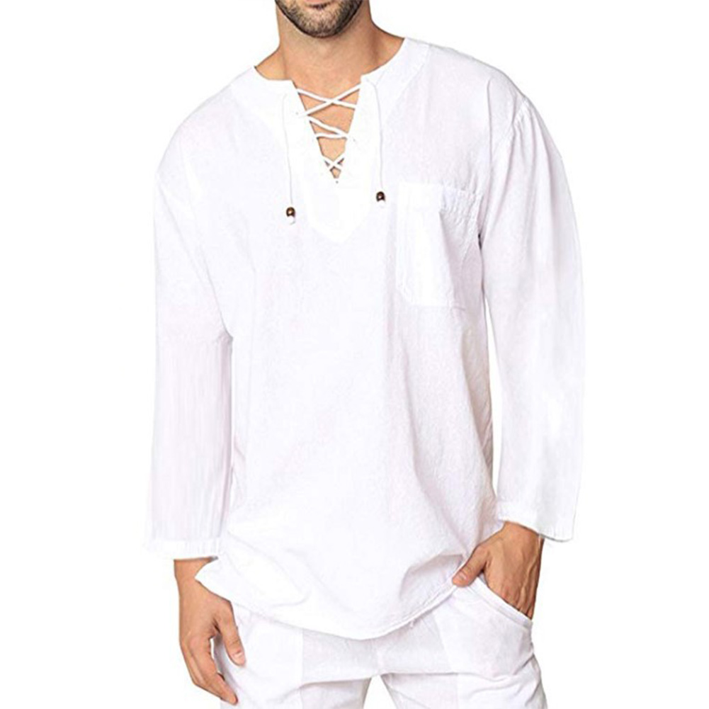 Men Solid Color Lacing Cotton Linen Long Sleeve Loose Shirt