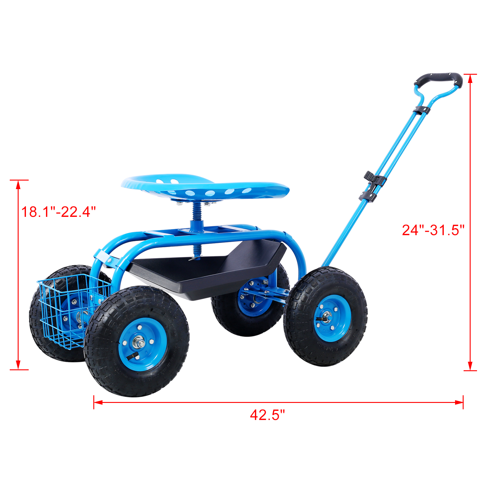 Rolling Garden Scooter Work Cart Seat Stool with Tool Tray and Extendable Handle