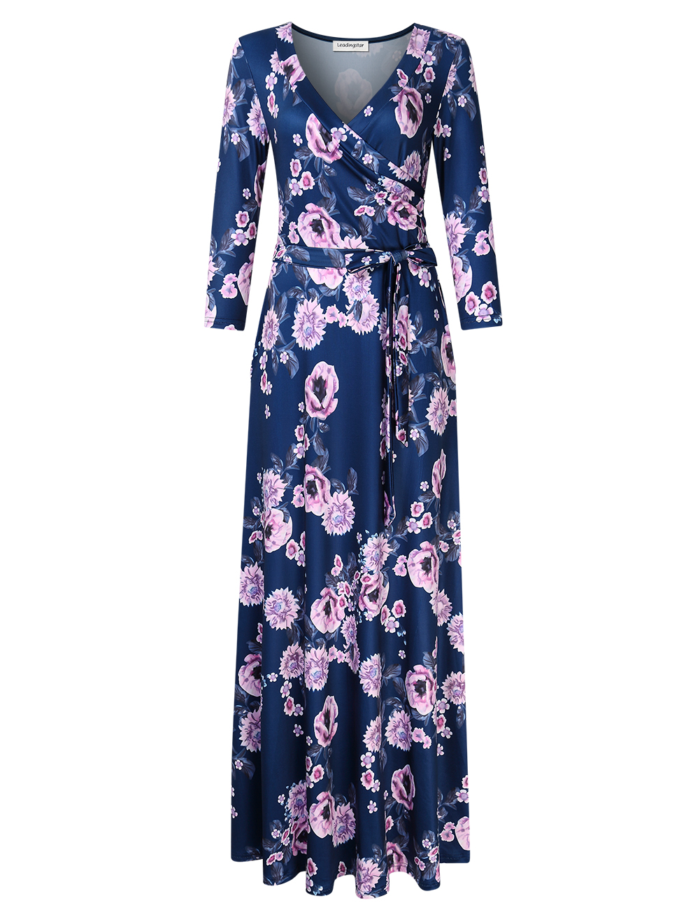 Women Lady Vintage 3/4 Sleeve V-Neck Slim Floral Print Maxi Wrap Dress ...