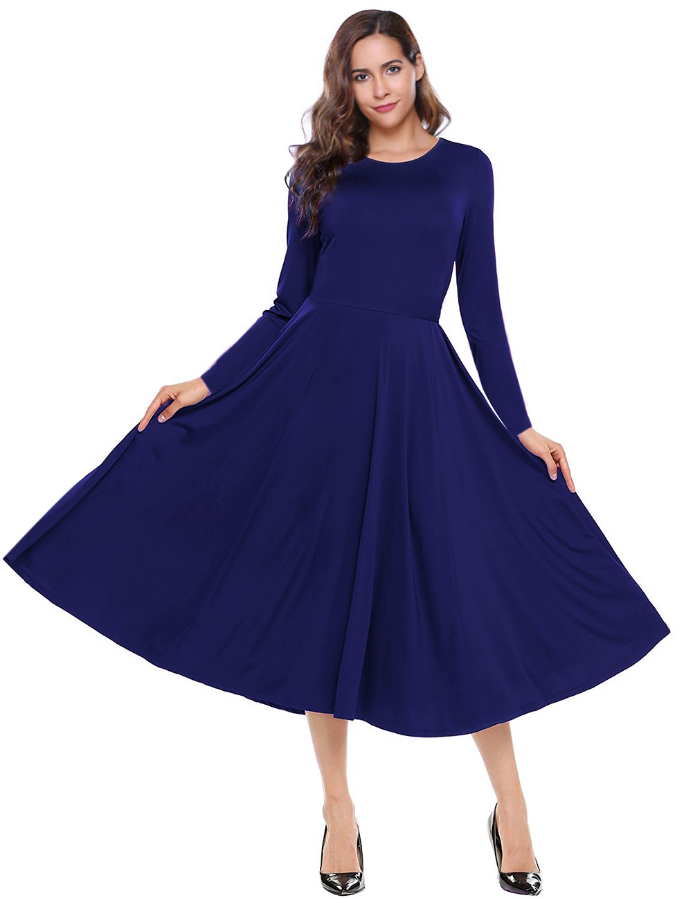 Leadingstar Women's Casual Long Sleeve A-Line Fit and Flare Midi Dress ...