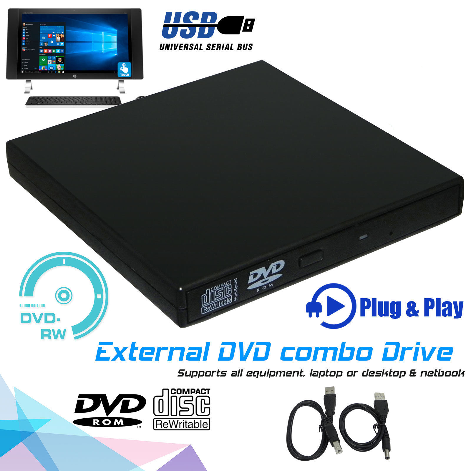 スリムな外付けUSB 2.0 DVDドライブCD RWライターバーナーリーダープレーヤー（PCラップトップ用）