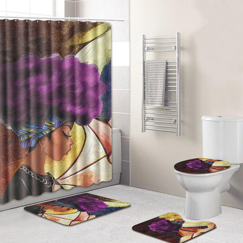 4pcs African Women Printing Toilet Pad Cover Bath Mat Shower Curtain 4pcs African Women Printing Toilet Pad Cover Bath