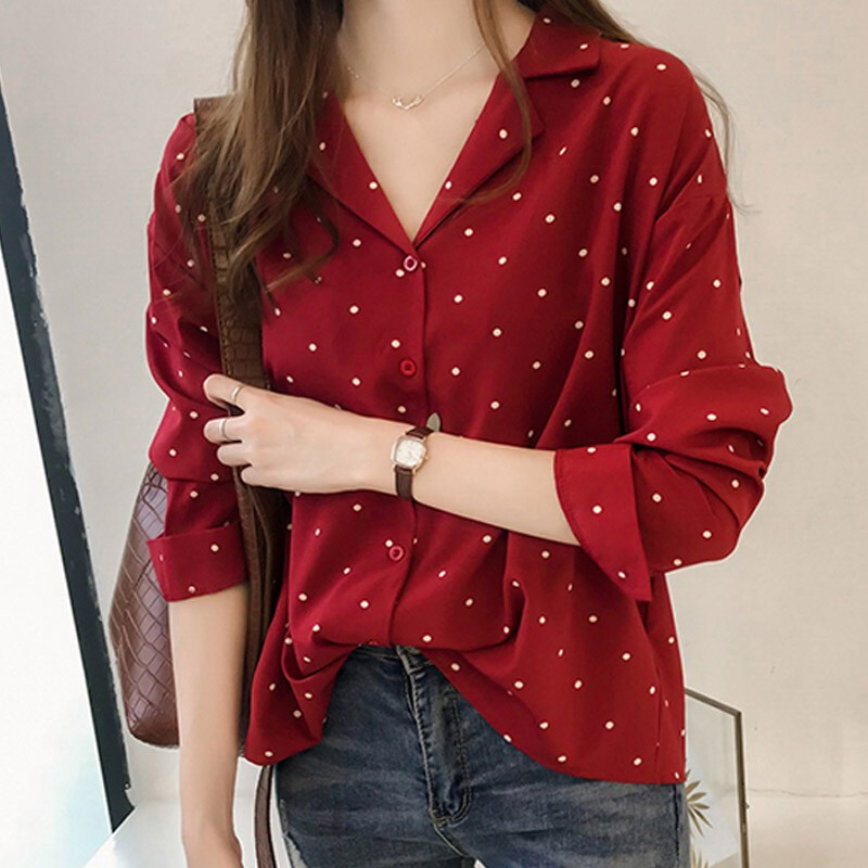 Women Vintage Dot Print Elegant Chiffon 
