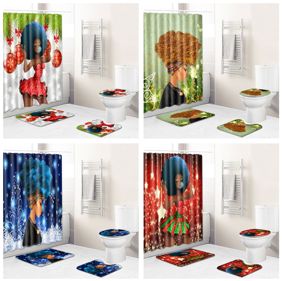 クリスマスシリーズアフリカ女性パターンシャワーカーテン+フロアマット+便座カバー+フットパッド装飾セット
