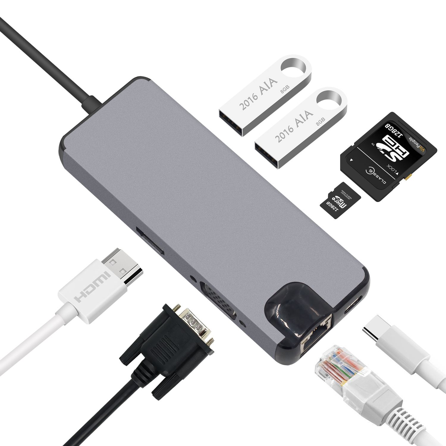 8 USBポートC HDMI VGA LAN Ethernet RJ45アダプターfor Mac Book ProタイプCハブカードリーダー2 USB 3.0 Type-A + Type-C充電ポート