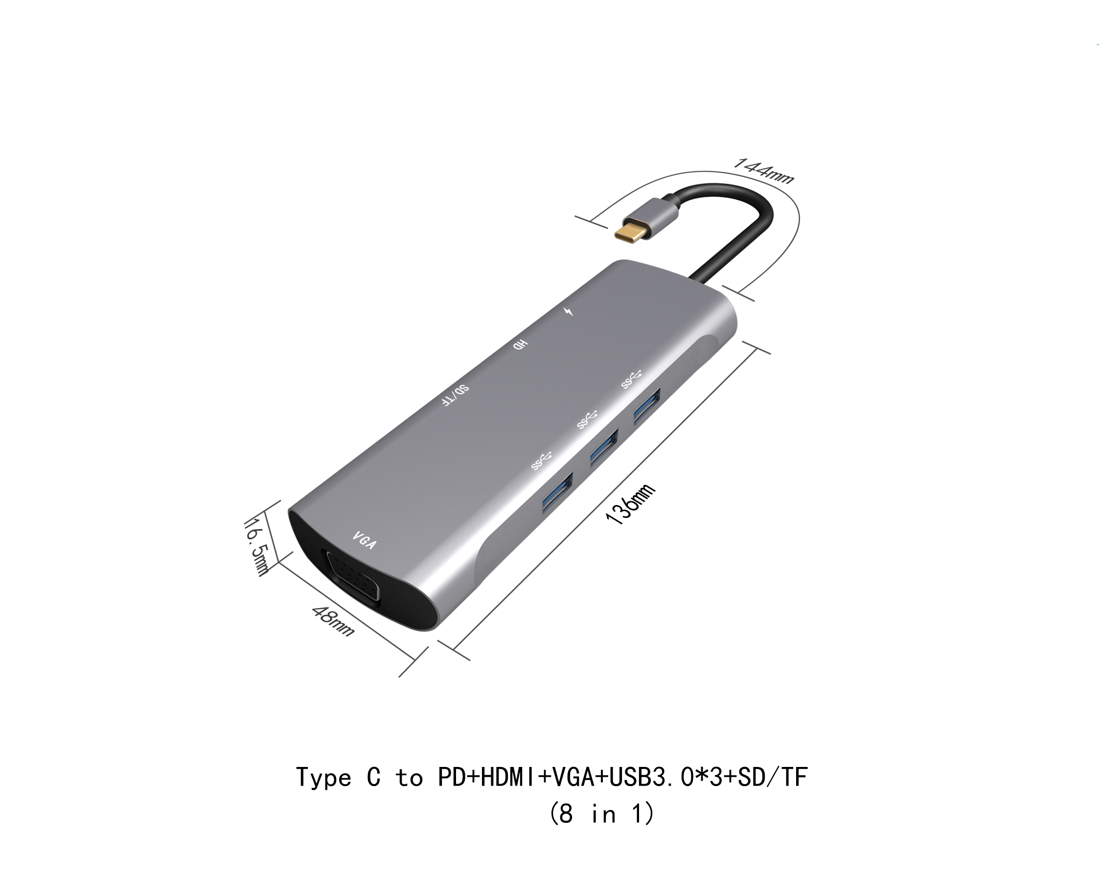 USB3.1ドッキングステーションメタル8 in 1多機能Type-c-HDMI / PD / VGA USB 3.1充電器ハブアダプター