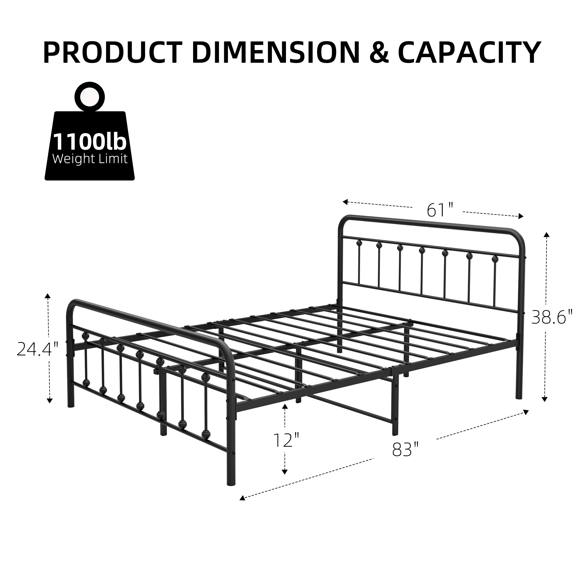 Twin/ Full/ Queen Size Bed Frame Metal Slat Platform With Wooden Headboard US