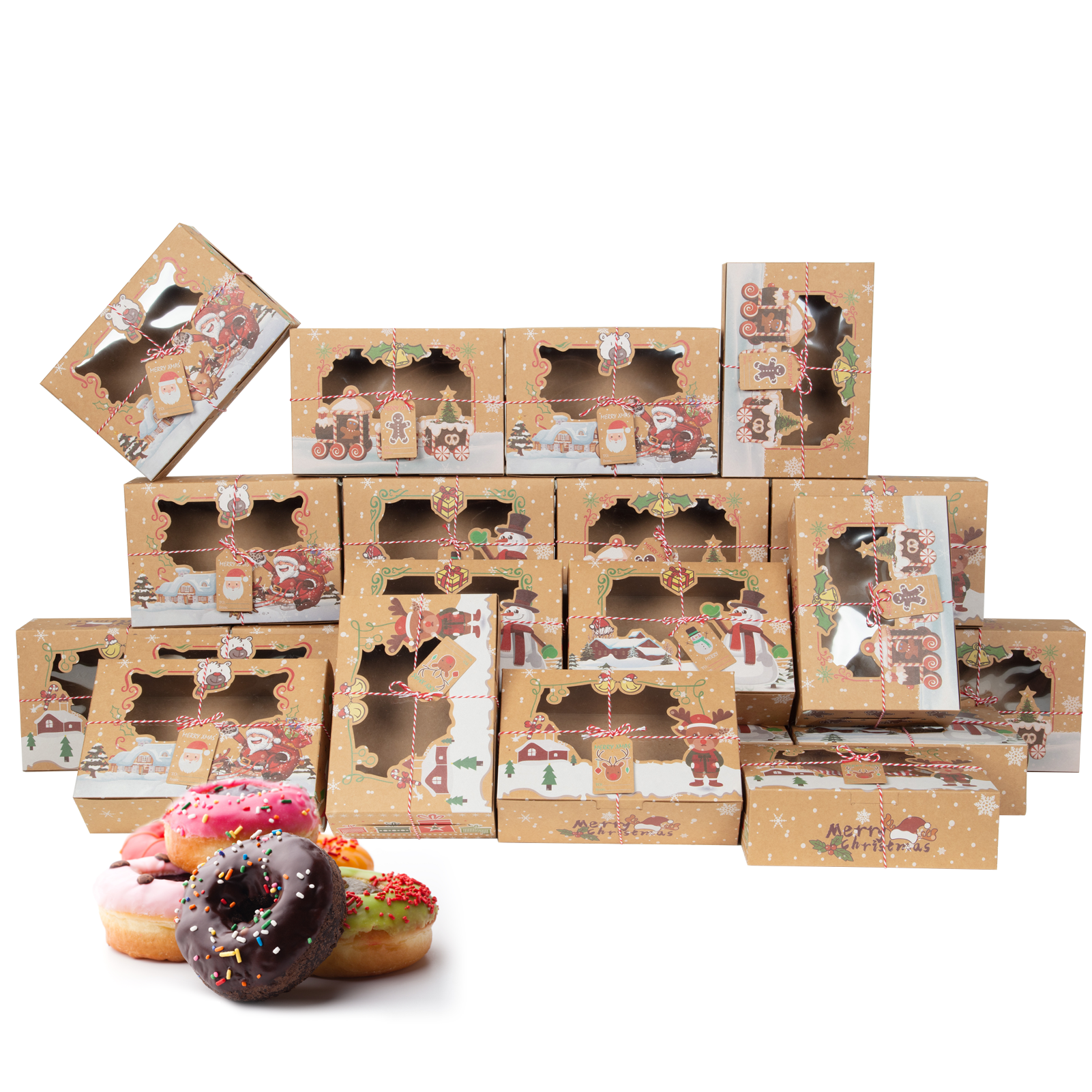 24Pcs Christmas Cookie Box with Window Food Grade Kraft Paper w/Christmas Design