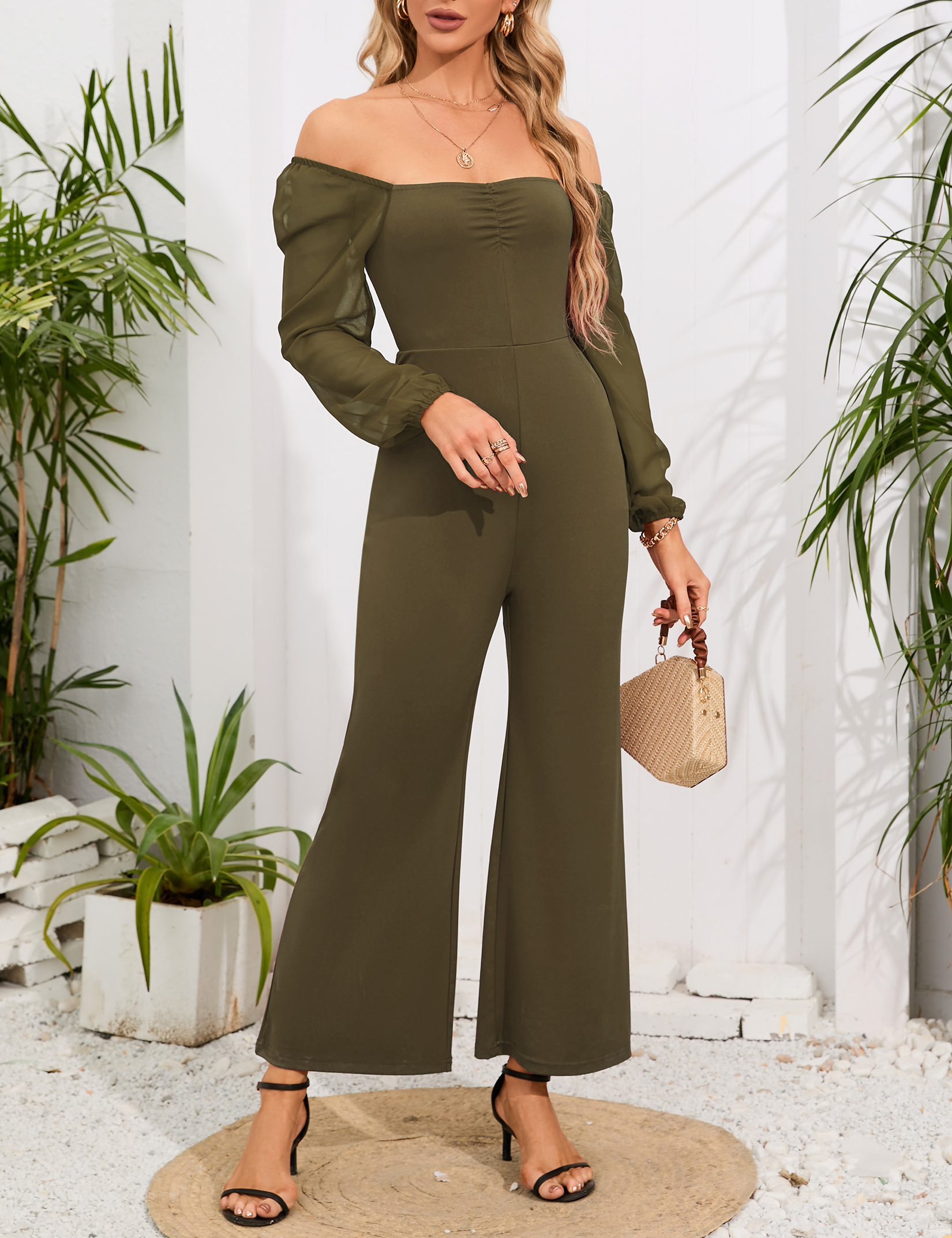 Women's Lantern Sleeve Square Neck Jumpsuit High Waist Wide Leg Romper Outfits - Picture 13 of 28