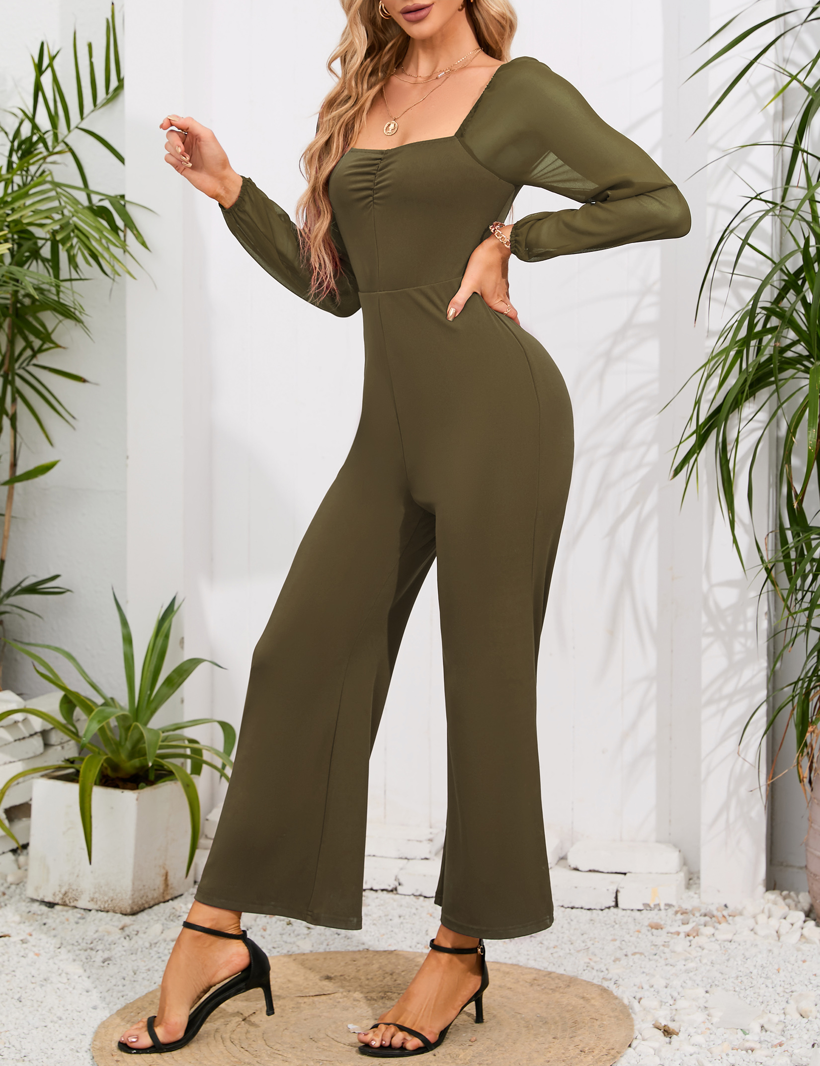 Women's Lantern Sleeve Square Neck Jumpsuit High Waist Wide Leg Romper Outfits - Picture 14 of 28