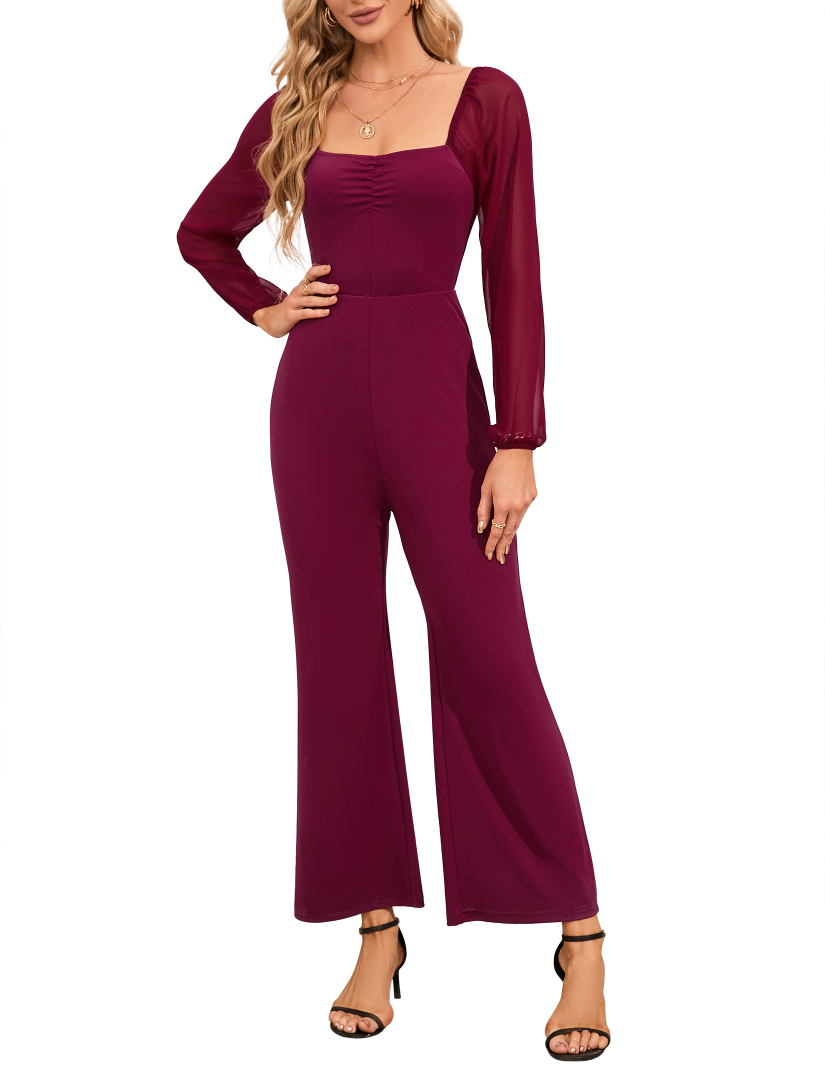 Women's Lantern Sleeve Square Neck Jumpsuit High Waist Wide Leg Romper Outfits - Picture 23 of 28
