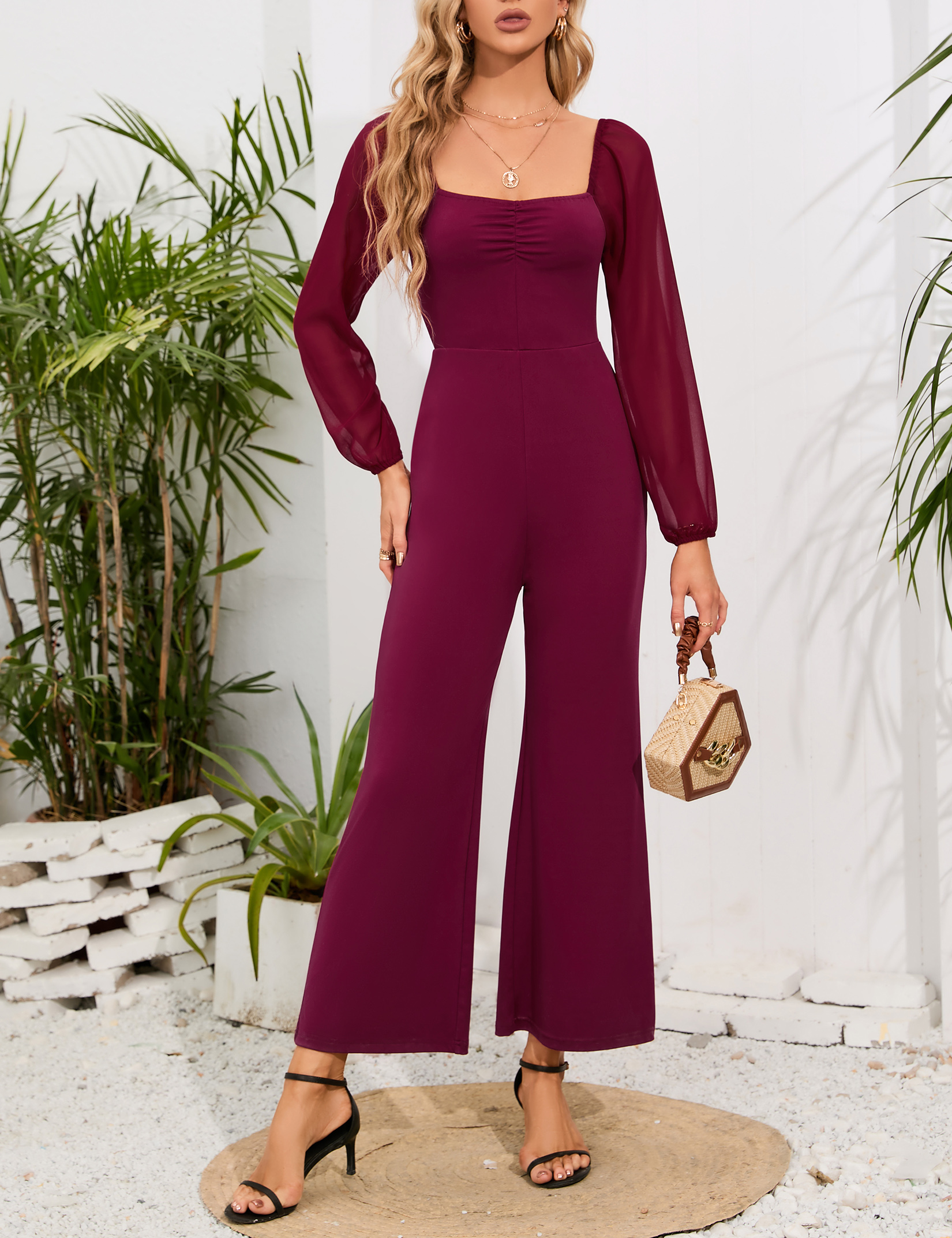 Women's Lantern Sleeve Square Neck Jumpsuit High Waist Wide Leg Romper Outfits - Picture 24 of 28
