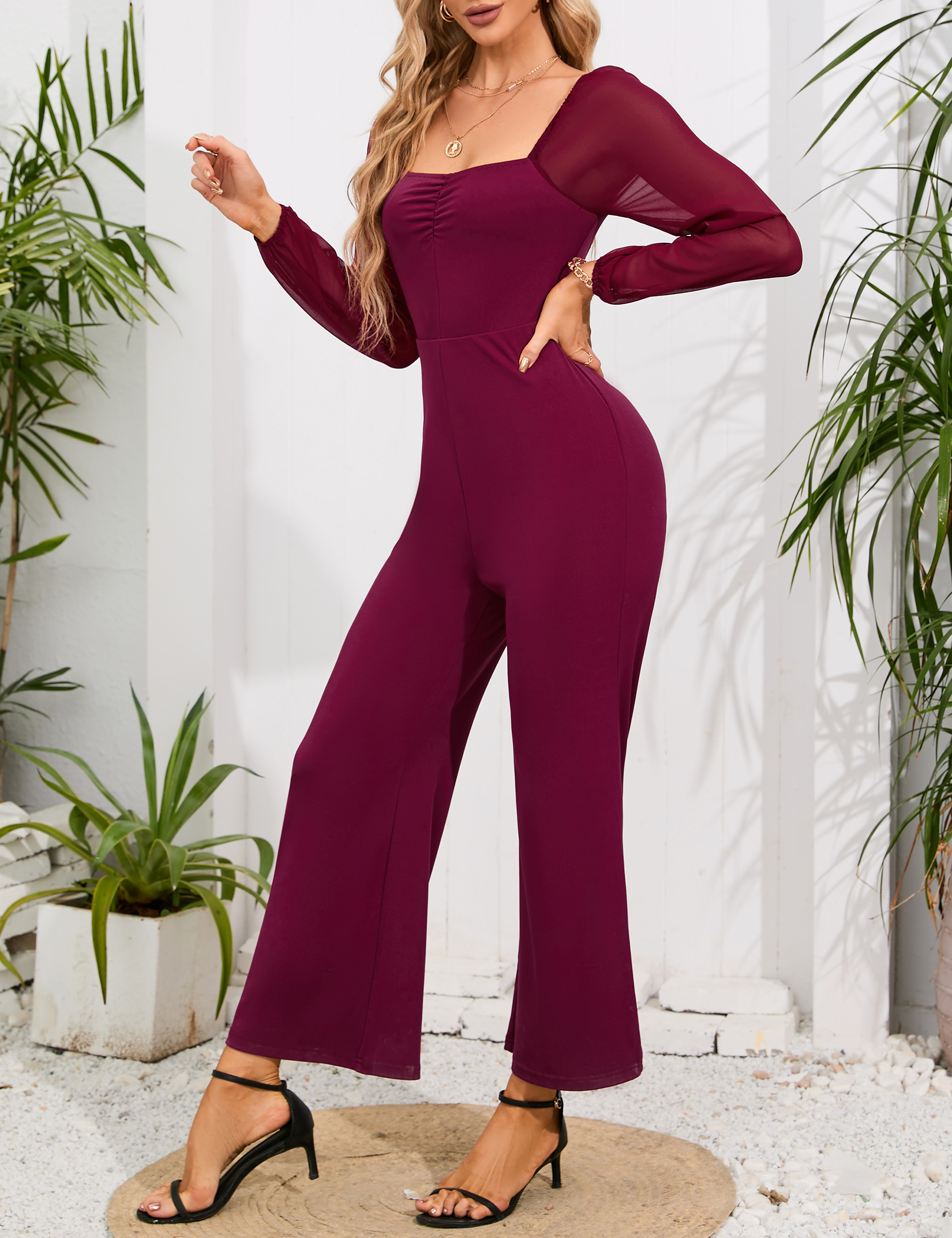 Women's Lantern Sleeve Square Neck Jumpsuit High Waist Wide Leg Romper Outfits - Picture 26 of 28