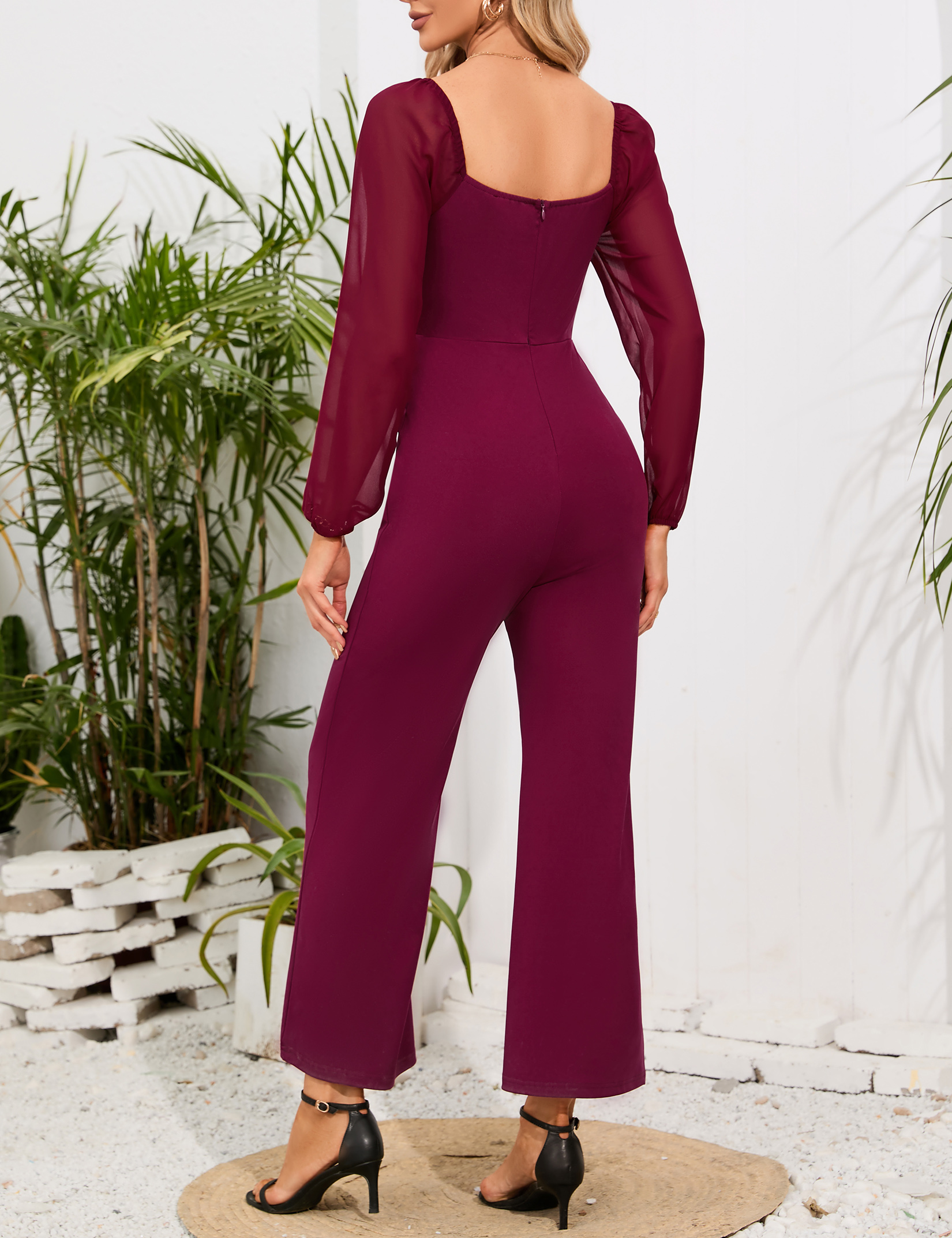Women's Lantern Sleeve Square Neck Jumpsuit High Waist Wide Leg Romper Outfits - Picture 27 of 28