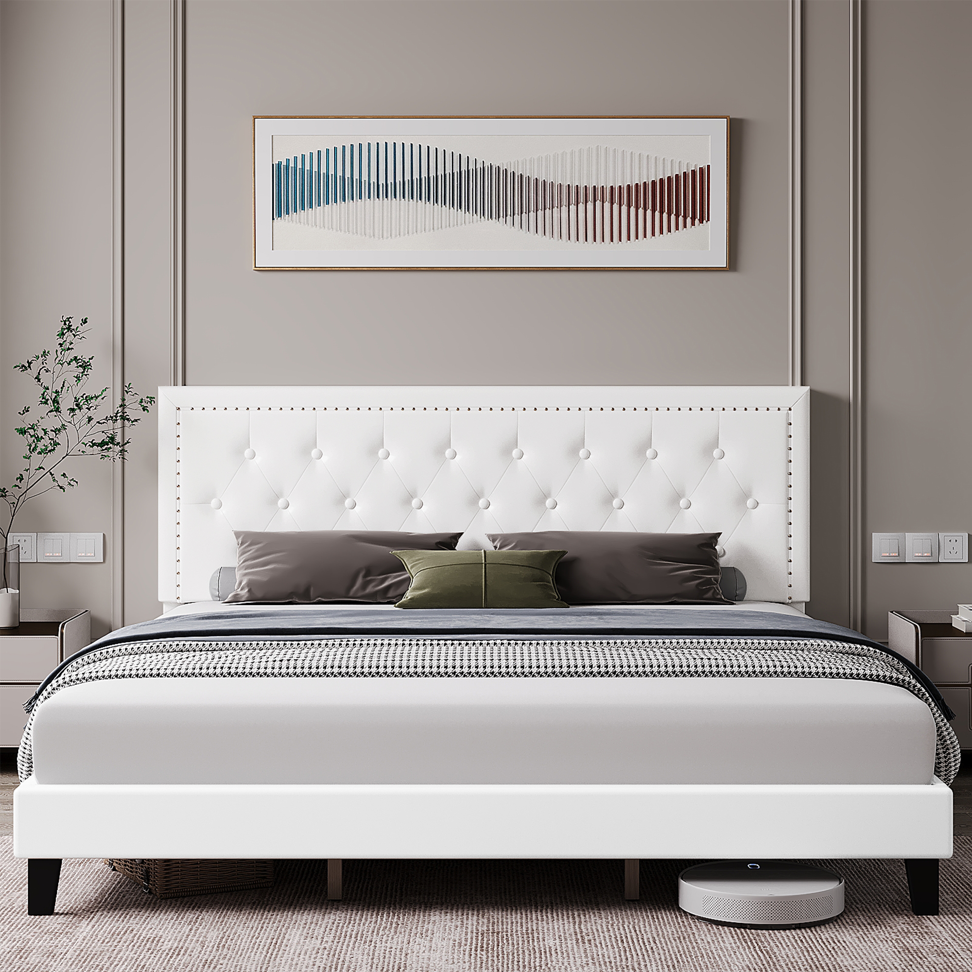 Full Faux Leather Platform Bed Frame with Diamond Button Tufted and Nailhead