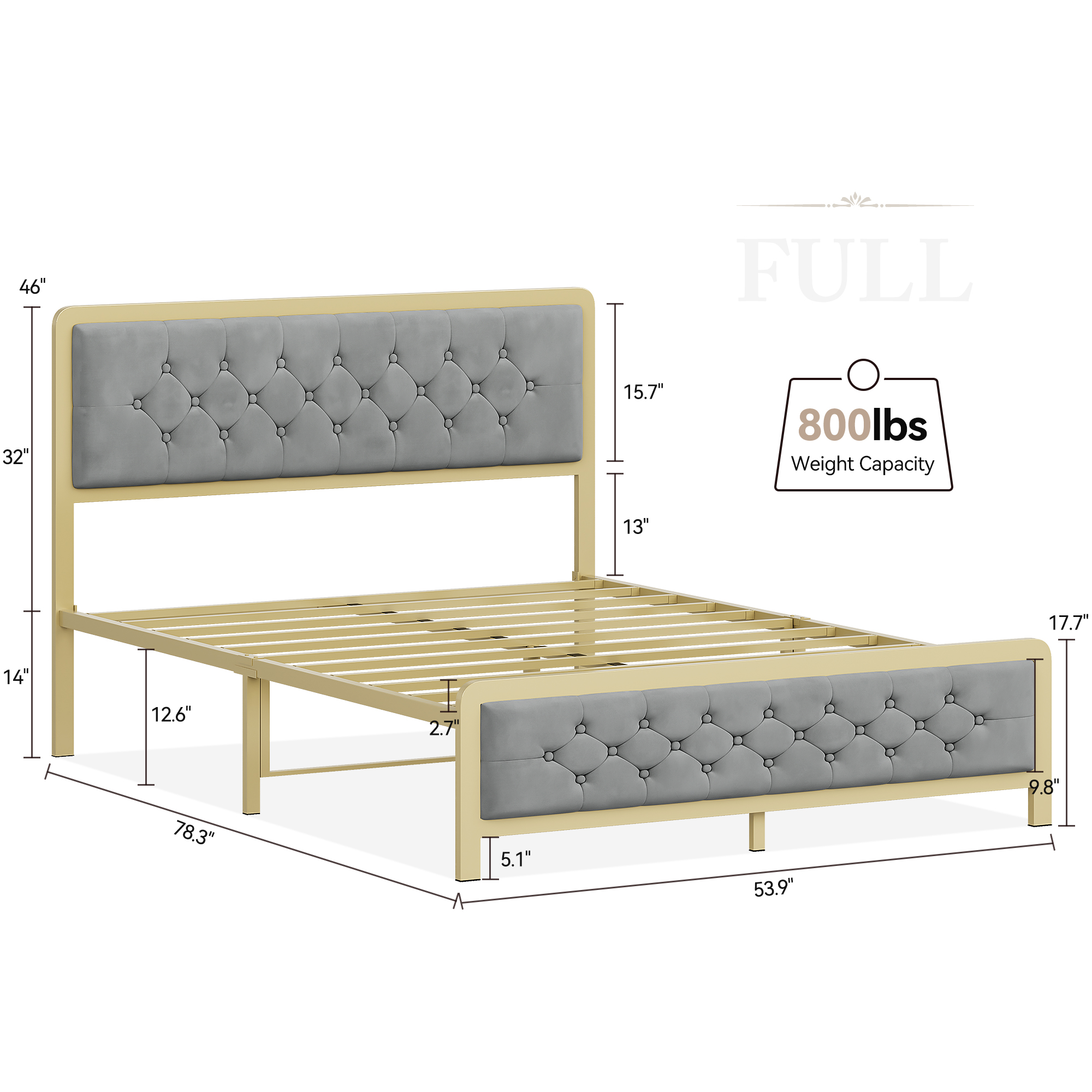 Full Queen Velvet  Upholstered Platform Bed Frame with Button Tufted Headboard