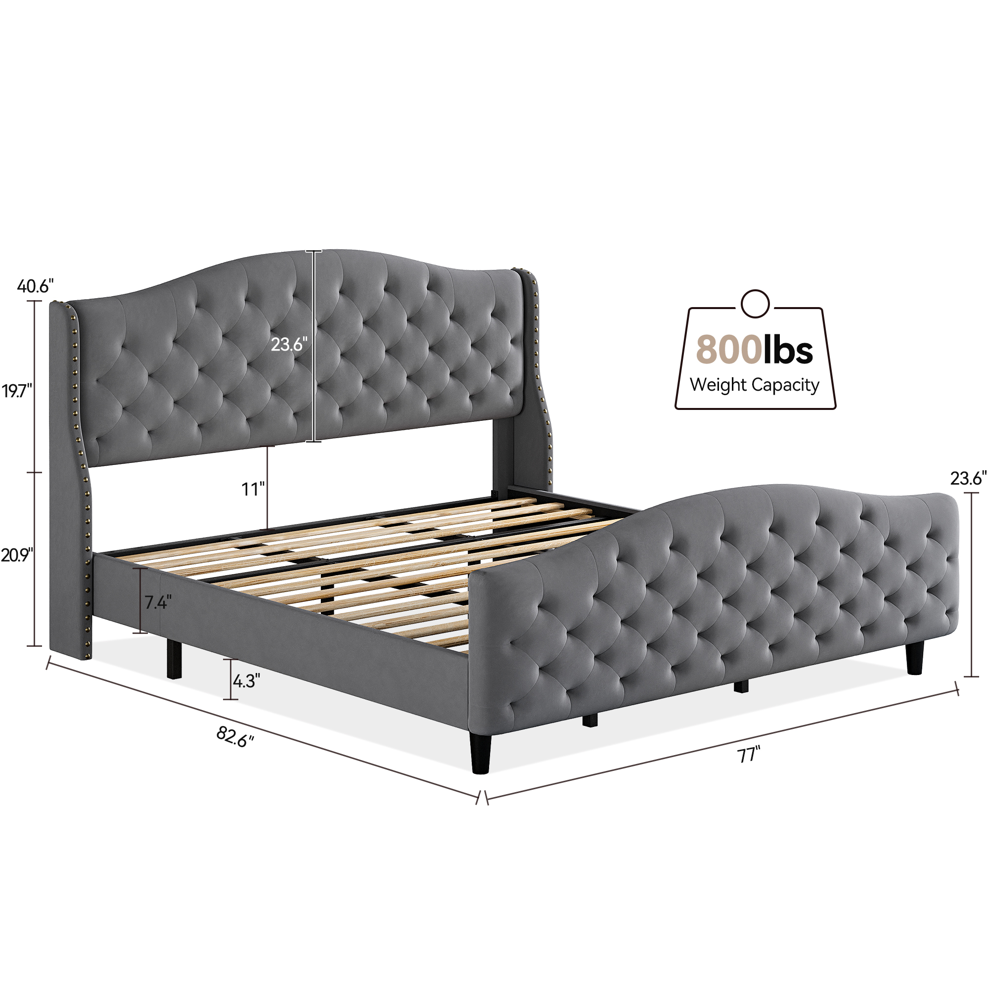 Queen/King Size Bed Frame Platform Wingback Upholstered with Velvet Headboard