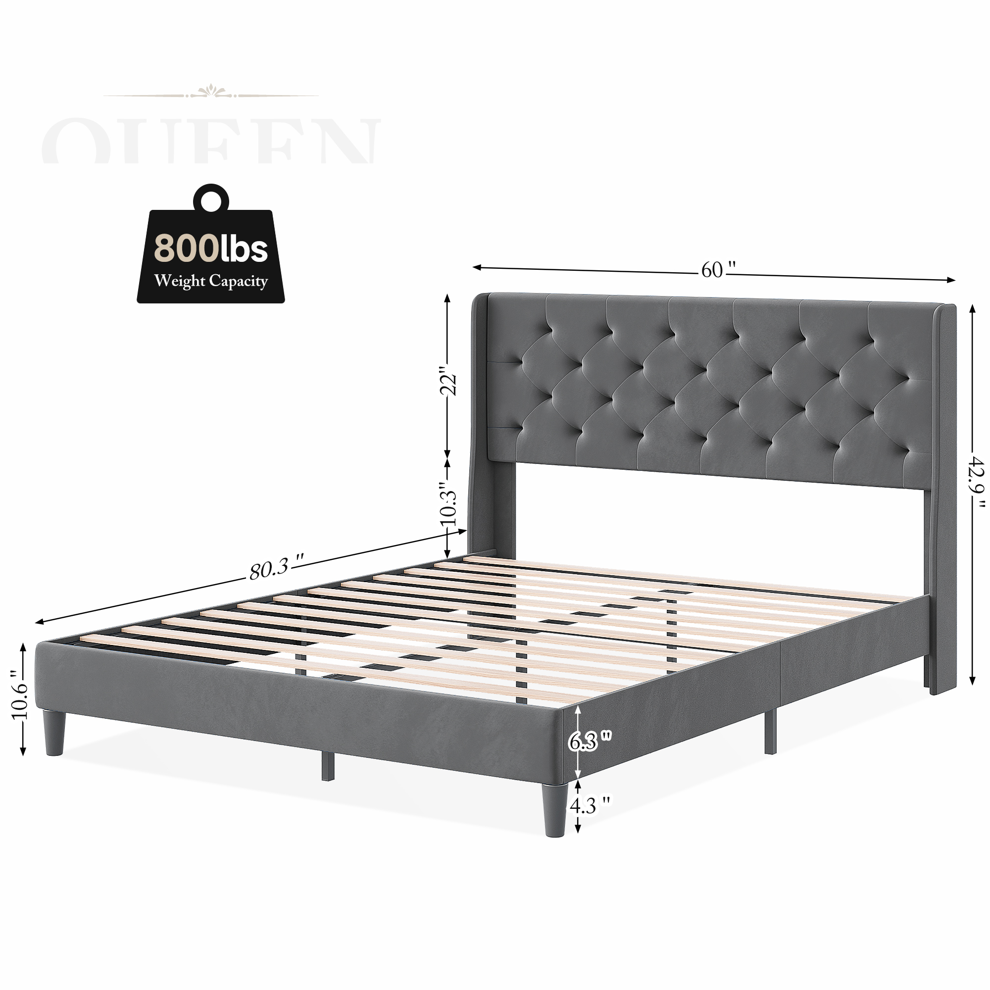 Full/Queen Gray Upholstered Bed Frame with Diamond Tufted Headboard and Wingback