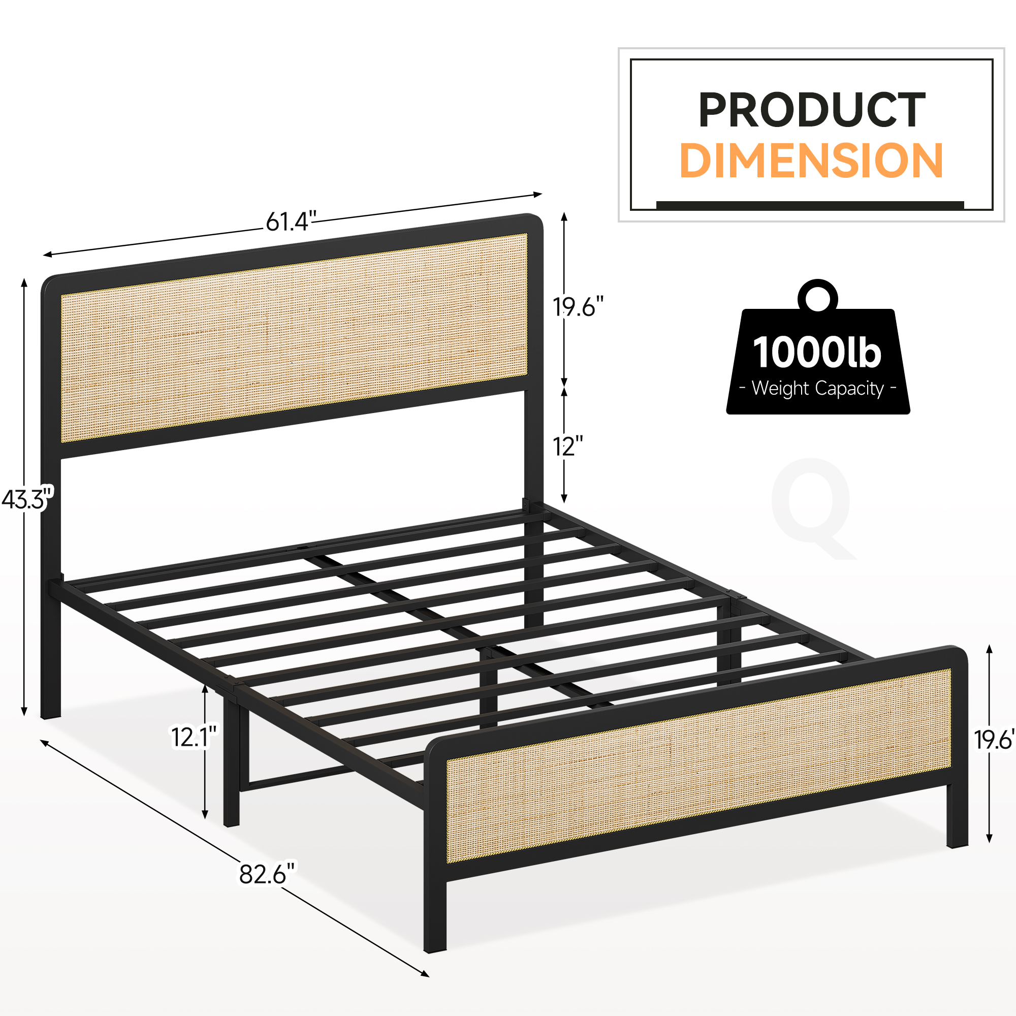Full/Queen Size Bed Frame with Rattan Headboard and Footboard Boho Chic Style