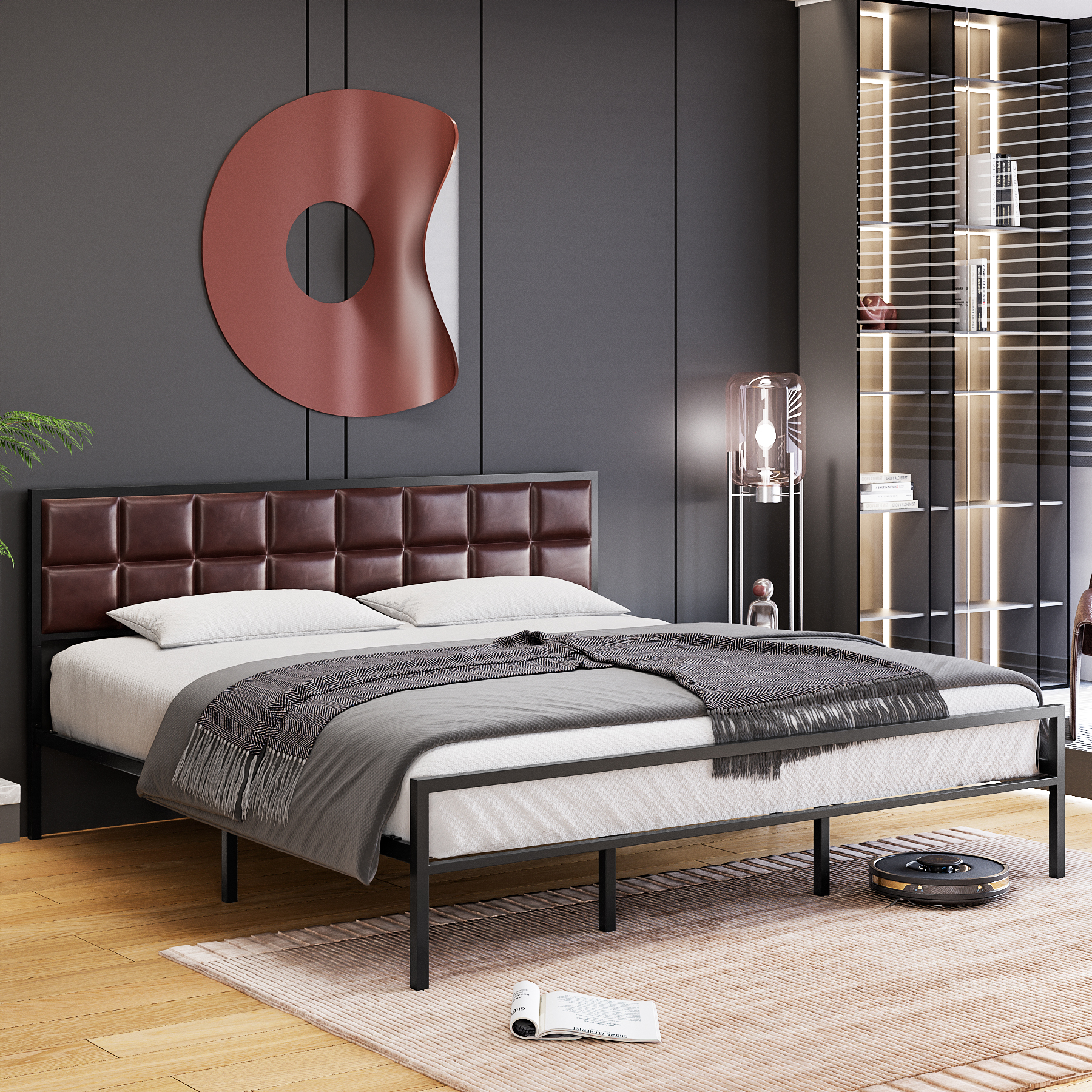 Full/Queen Size Bed Frame Metal Platform Bed with Upholstered Leather Headboard