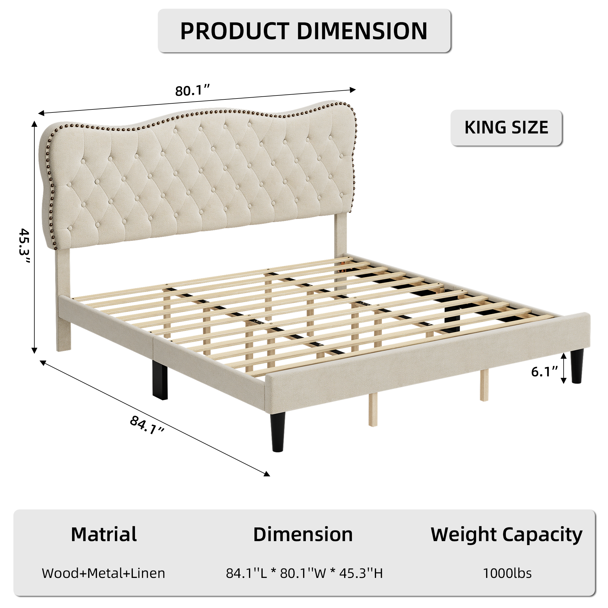 Full Queen King Bed Frame Platform With Headboard Upholstered & Slats Wooden USA