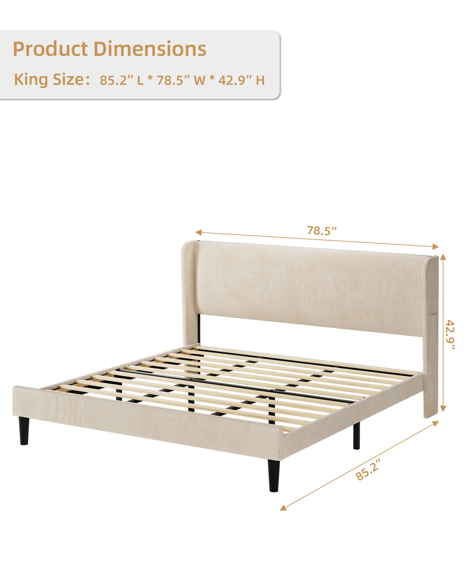 Upholstered Headboard Wingback Platform Bed Frame w/ Wood Slats Full Queen King