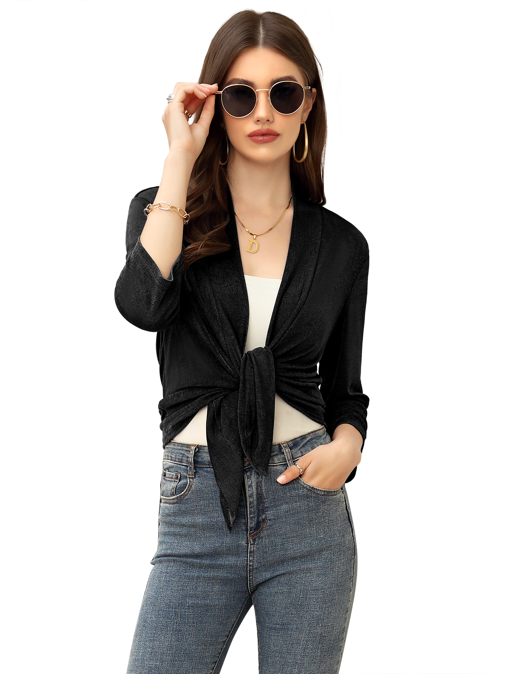 Women's Casual 3/4 Sleeve Tie Open Front Cardigans Sheer Draped Ruffles Cardigan - Picture 31 of 44