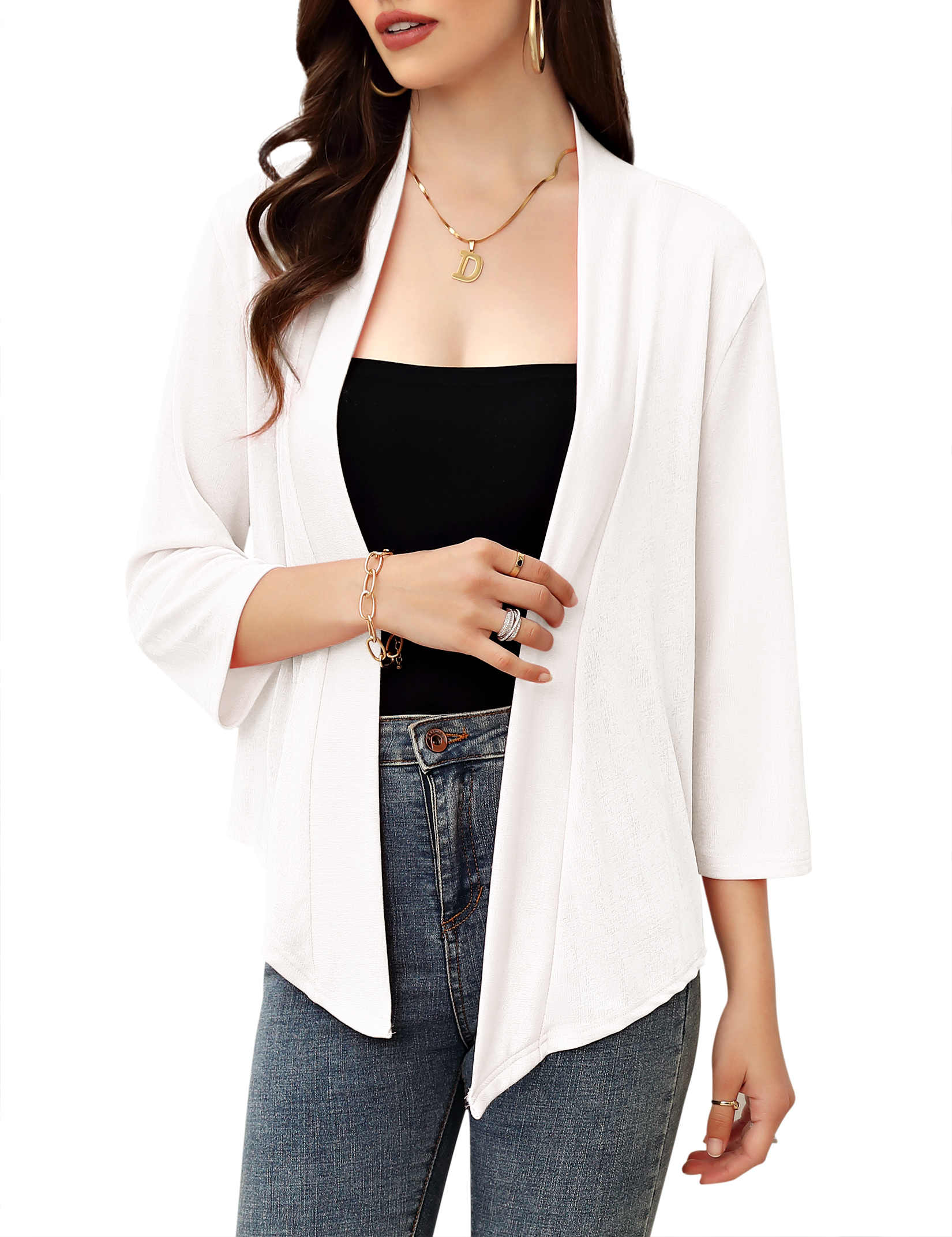 Women's Casual 3/4 Sleeve Tie Open Front Cardigans Sheer Draped Ruffles Cardigan - Picture 15 of 44
