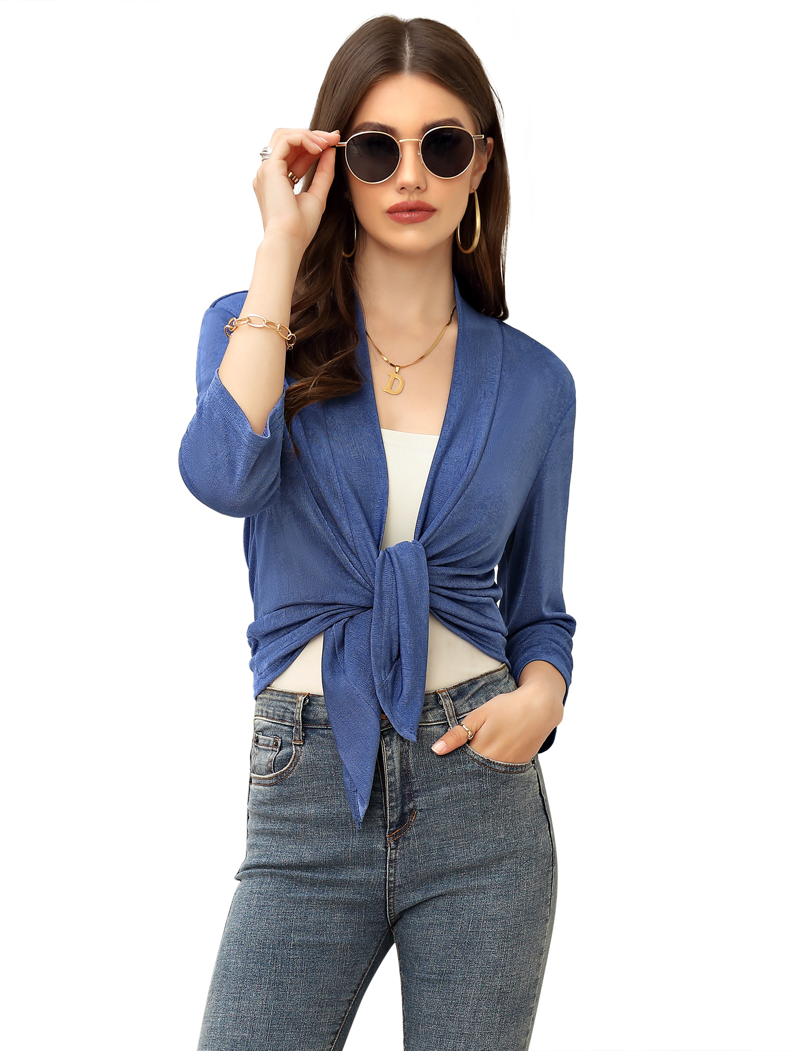 Women's Casual 3/4 Sleeve Tie Open Front Cardigans Sheer Draped Ruffles Cardigan - Picture 38 of 44