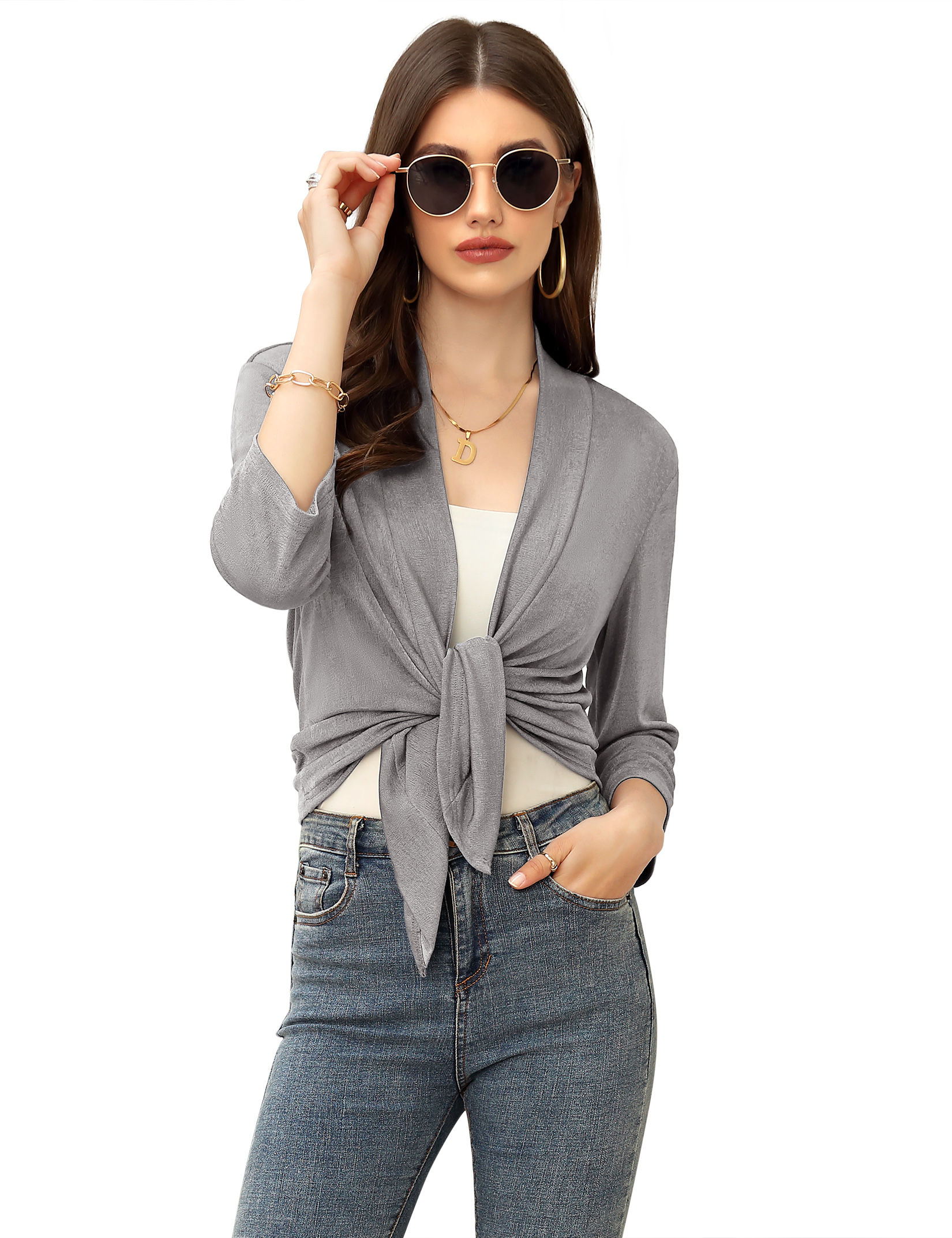 Women's Casual 3/4 Sleeve Tie Open Front Cardigans Sheer Draped Ruffles Cardigan - Picture 24 of 44