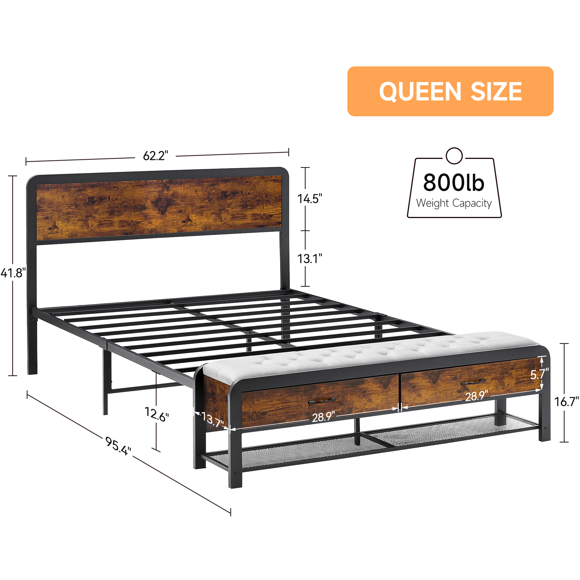 Full Queen Platform Bed Frame w/Storage Sit Bench Headboard No Box Spring Needed