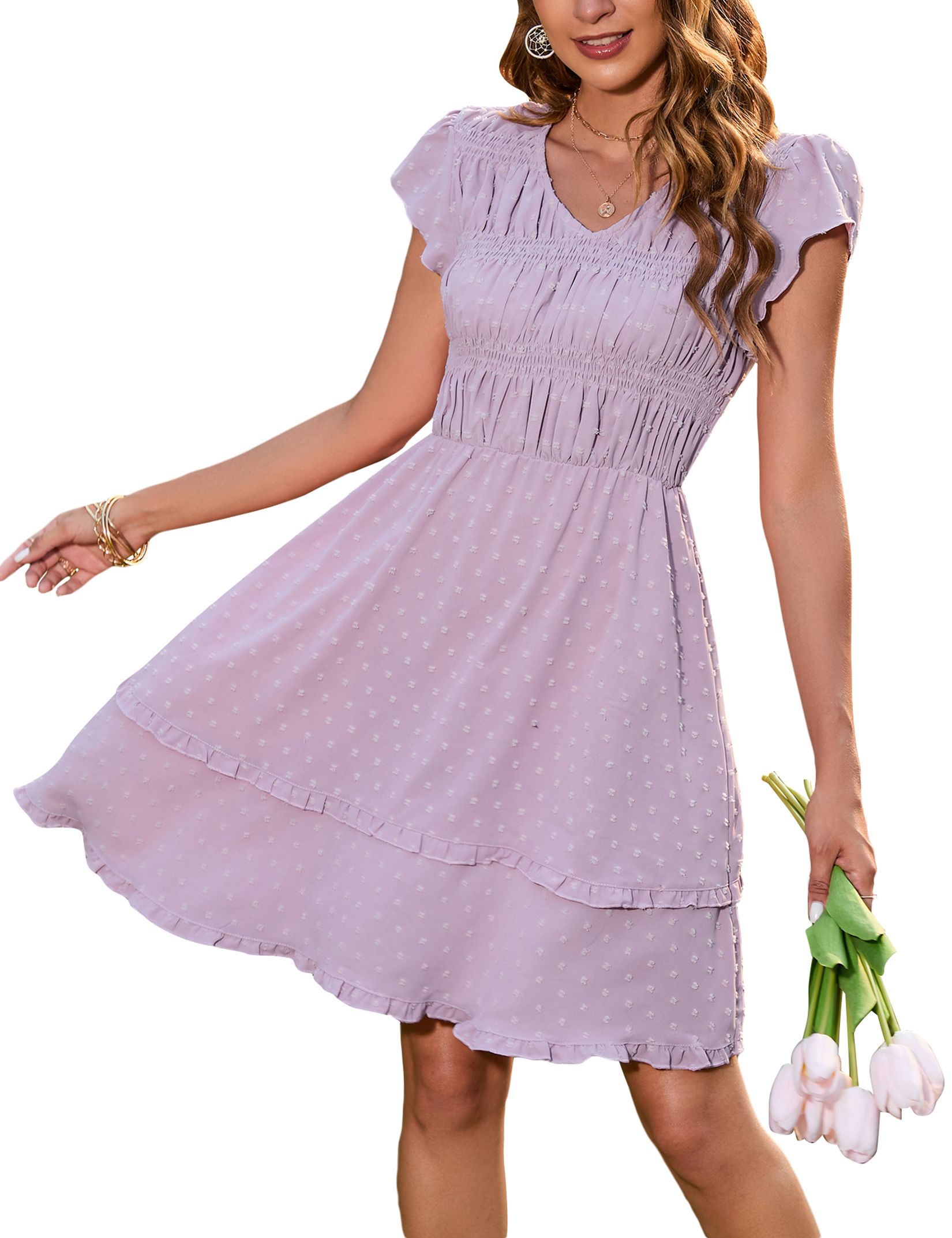 Women's Short Sleeve V Neck Tiered Dress Casual Loose Flowy Swing A-Line Dress - Picture 20 of 34