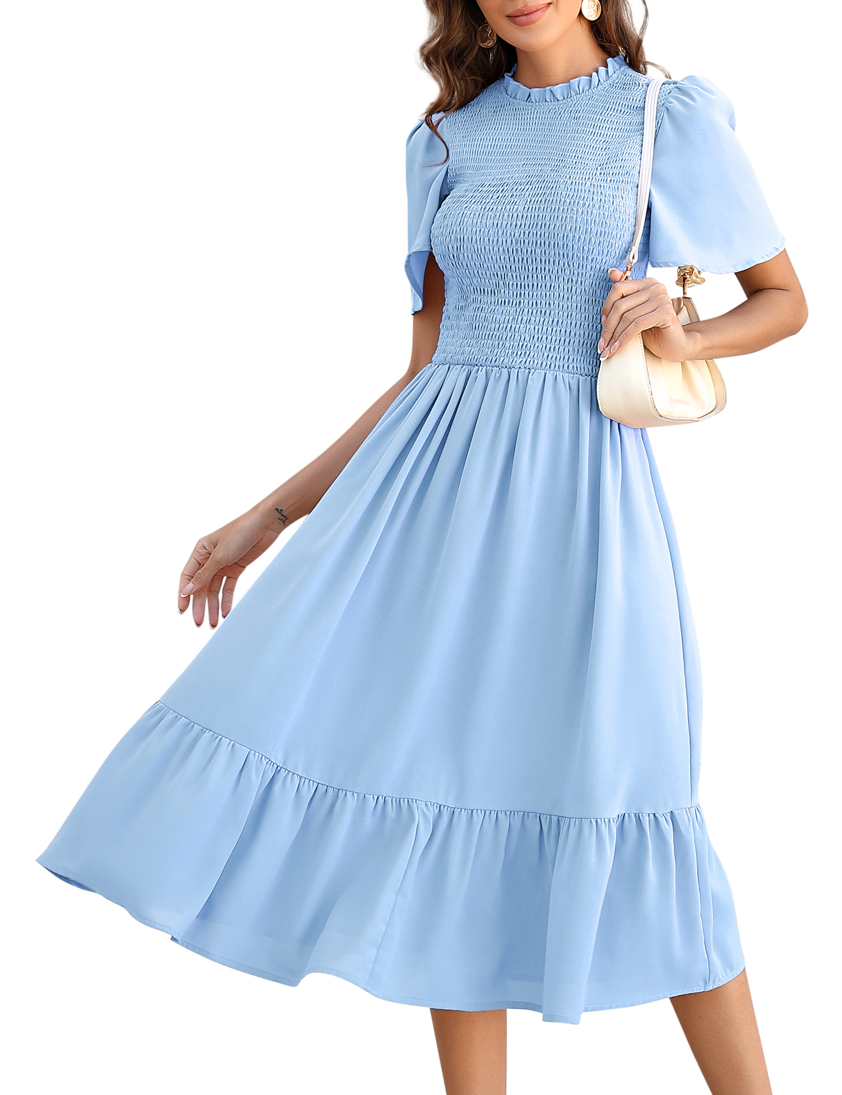 Women's Short Sleeve Ruffle A Line High Smocked Elastic Waist Flowy Long Dress - Picture 10 of 24