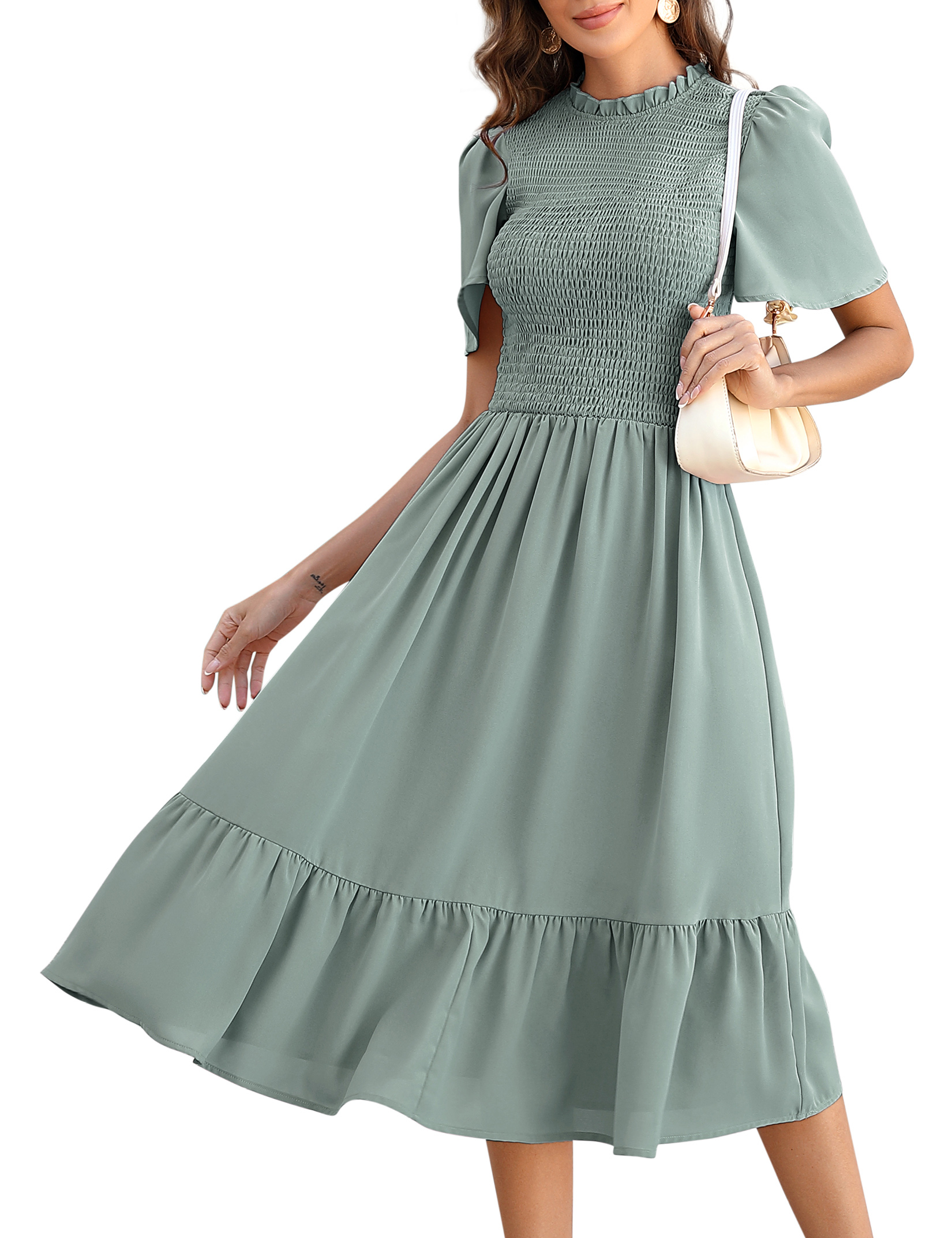 Women's Short Sleeve Ruffle A Line High Smocked Elastic Waist Flowy Long Dress - Picture 20 of 24