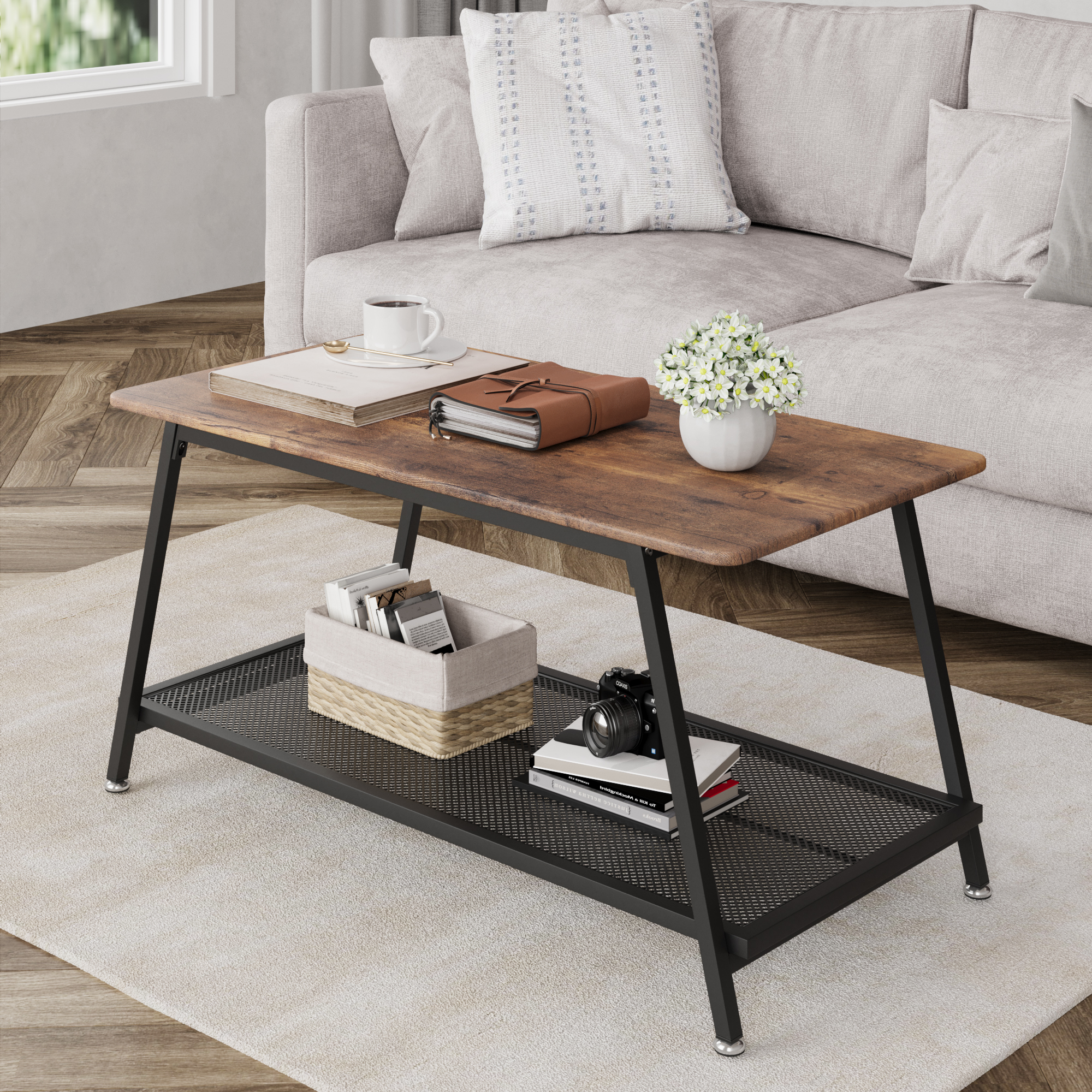39Inch Rustic Wood Coffee Table With Strong Frame for Living Room Dining Room