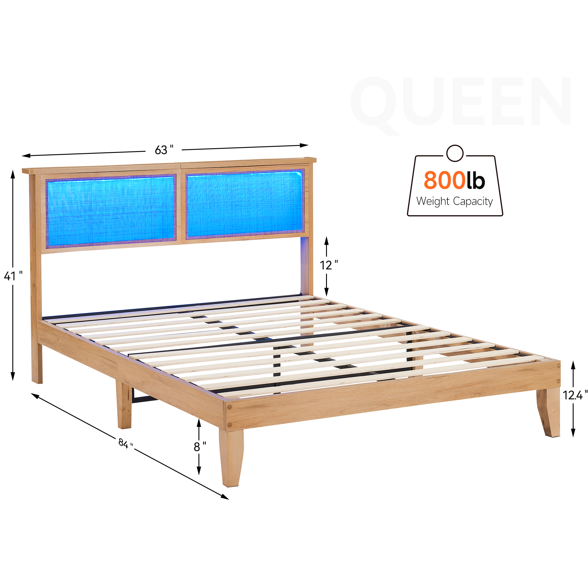 Queen Full RGB LED Bed Frame with Headboard Rattan Platform No Box Spring Needed