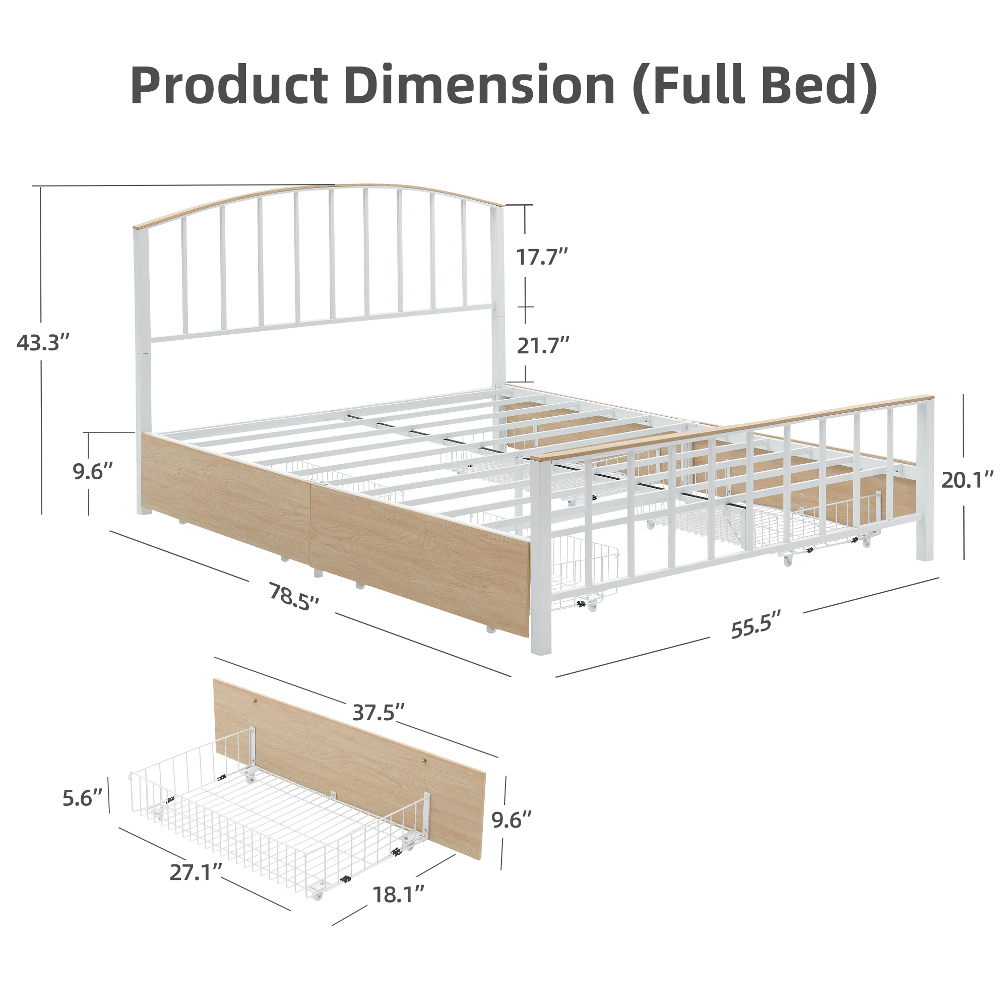 Full/Queen Bed Frame with Headboard and Footboard w/ 4 Storage Drawers White USA