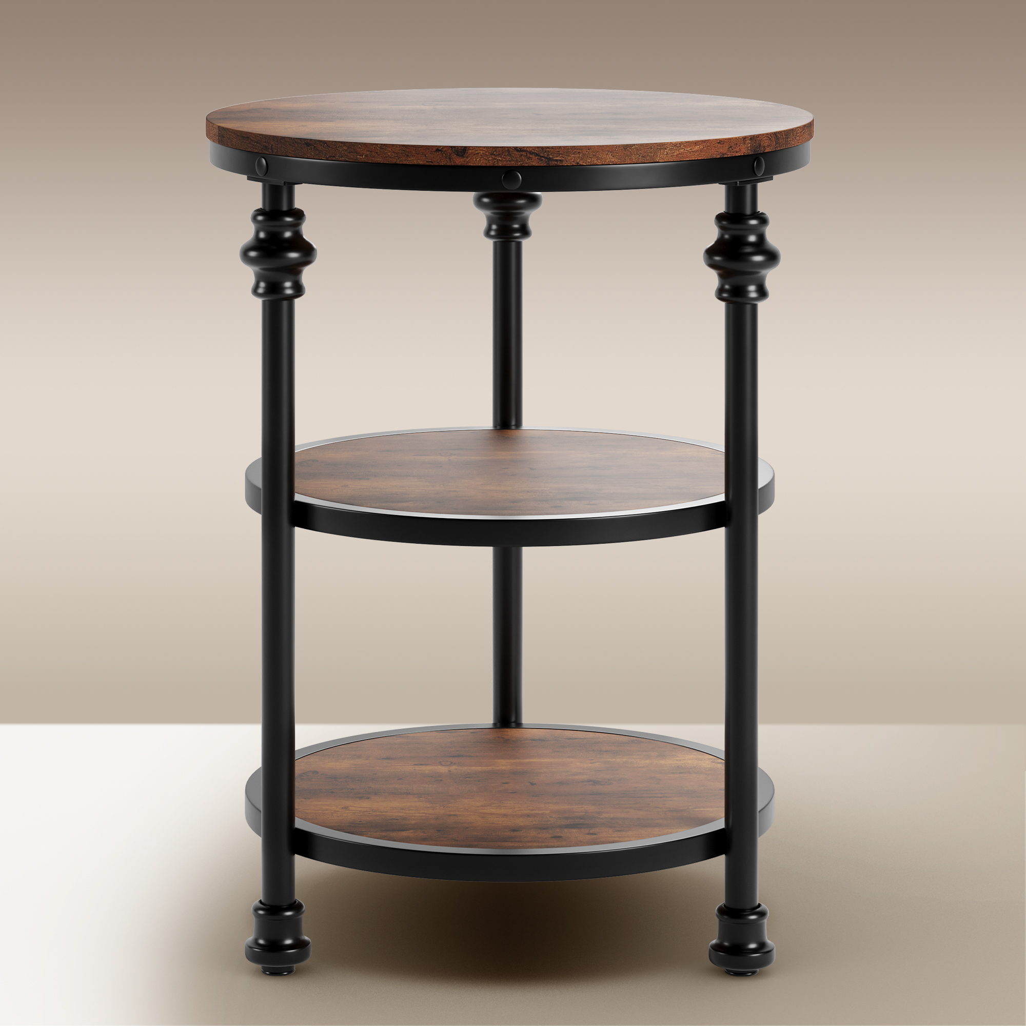 Table D'Appoint Ronde 3 Niveaux Trironsun - Style Industriel, Structure En O, Marron Rustique