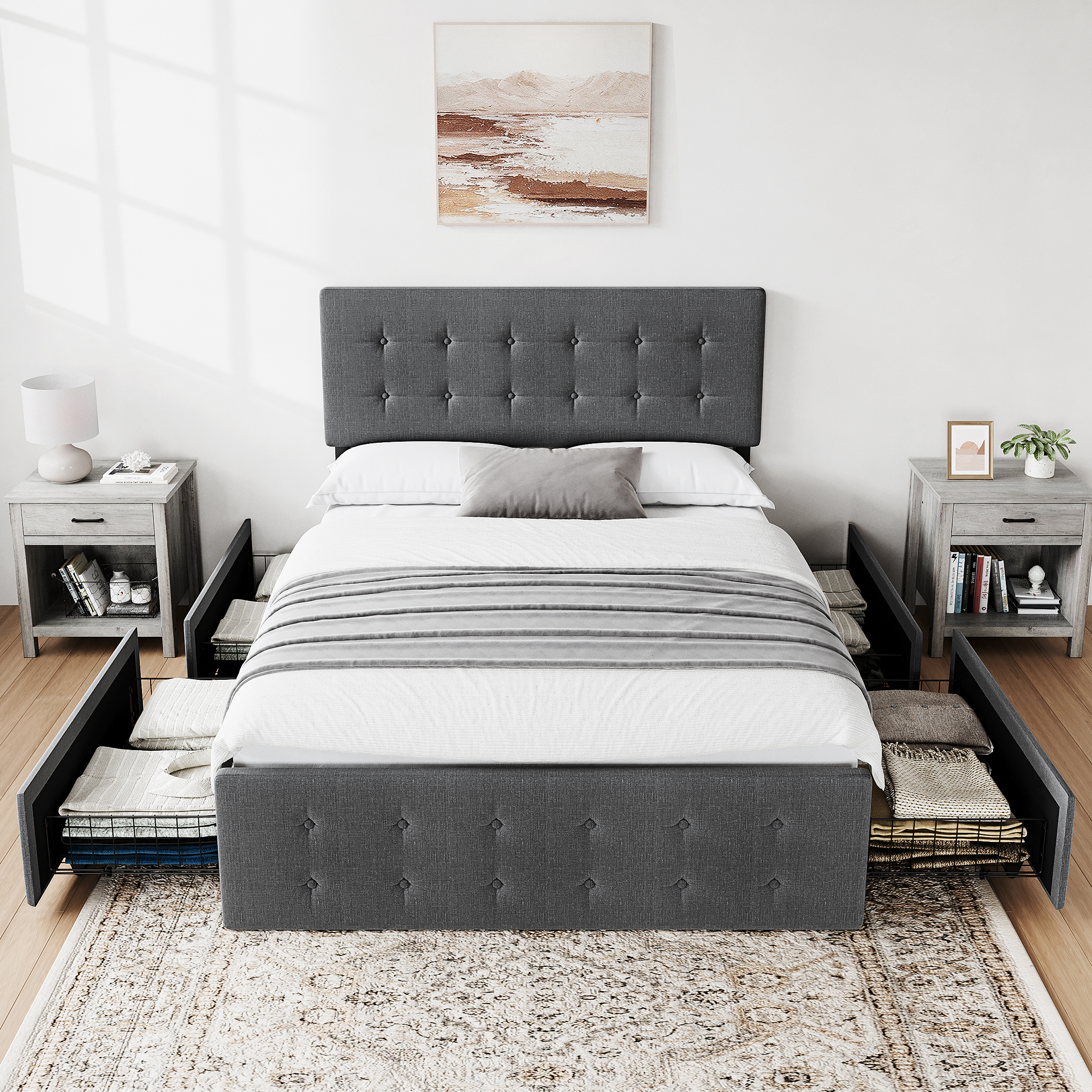 Metal Bed Frame With 4 Storage Drawers and Headboard No Box Spring Needed 2 Size