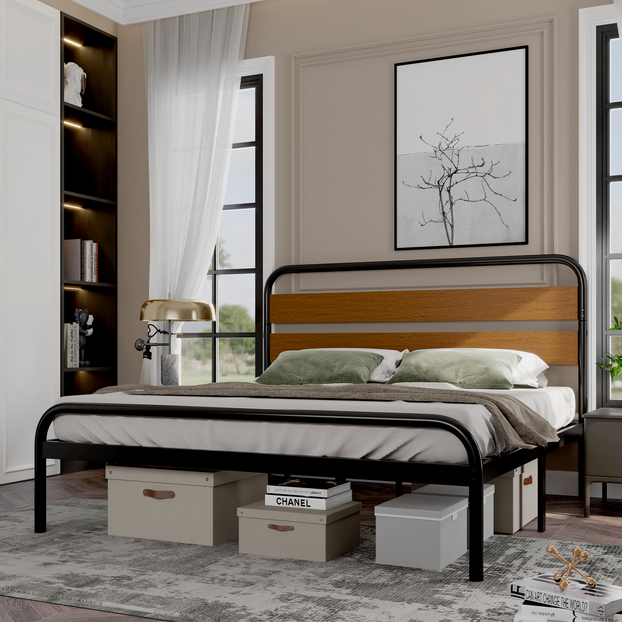 Full/Queen/King Size Bed Frame Metal Platform with Wood Rustic Wooden Headboard