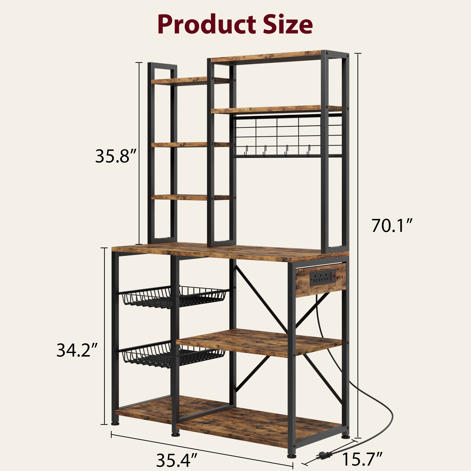 Kitchen Bakers Rack with Power Outlets Microwave Oven Stand Storage Shelf Hooks