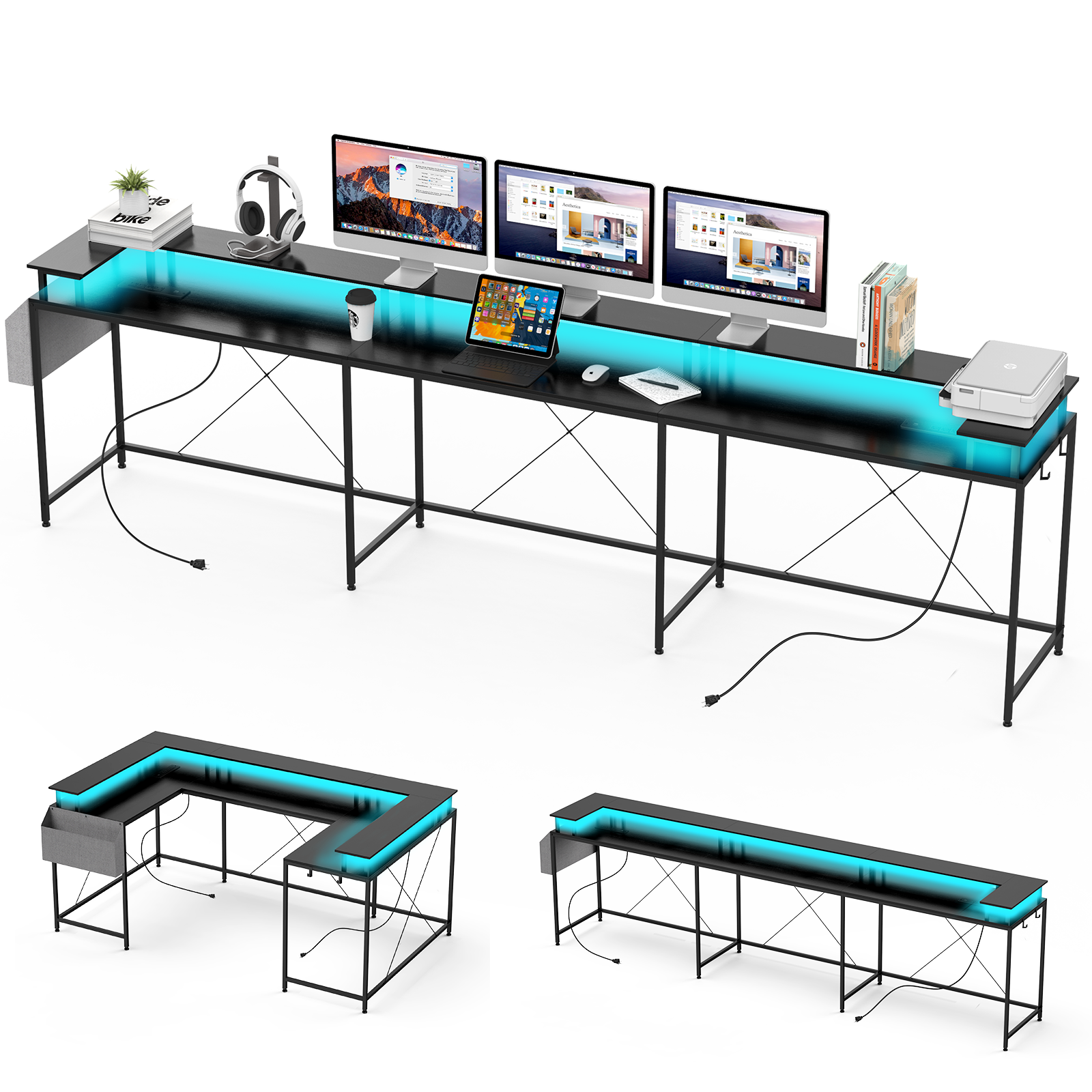 126in U Shaped Computer Gaming Desk, Reversible L Shaped Desk With Storage Shelf - Picture 26 of 29