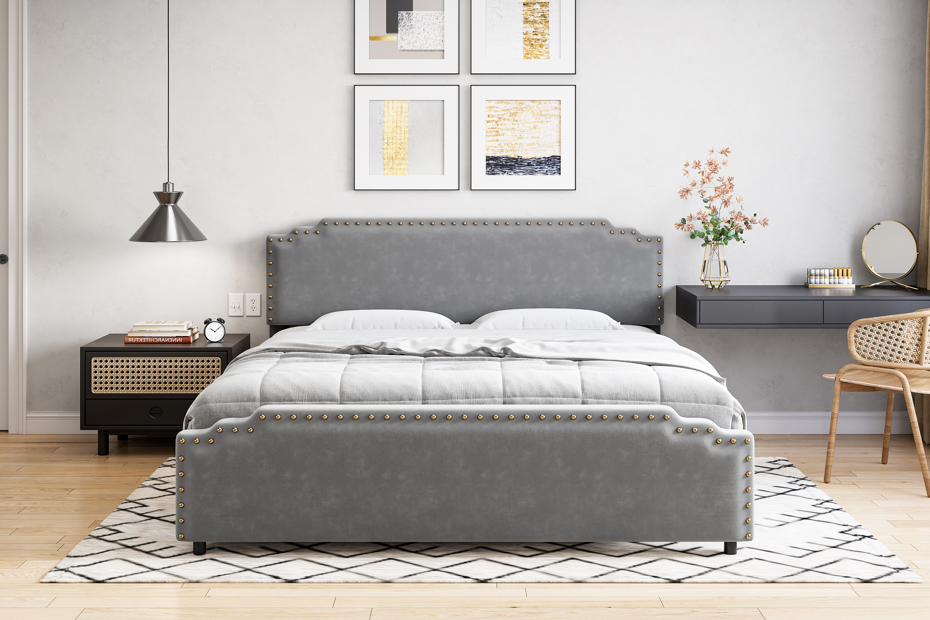 Full/Queen/King Size Bed Frame Strong Wood Slat Support, No Box Spring Needed