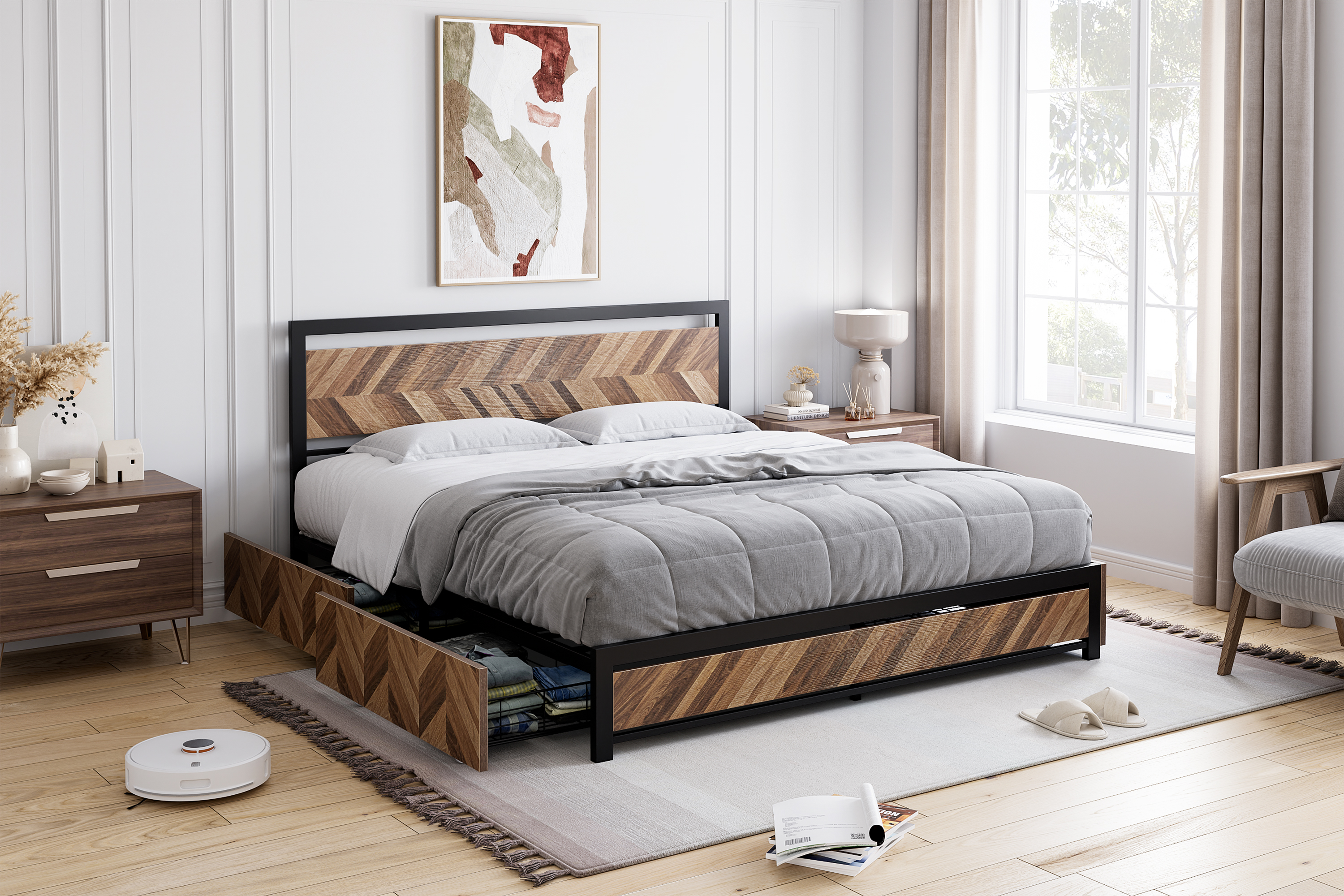 Full/ Queen/ King Size Bed Frame With 4 Storage Drawers Wood Headboard  1000 Lbs