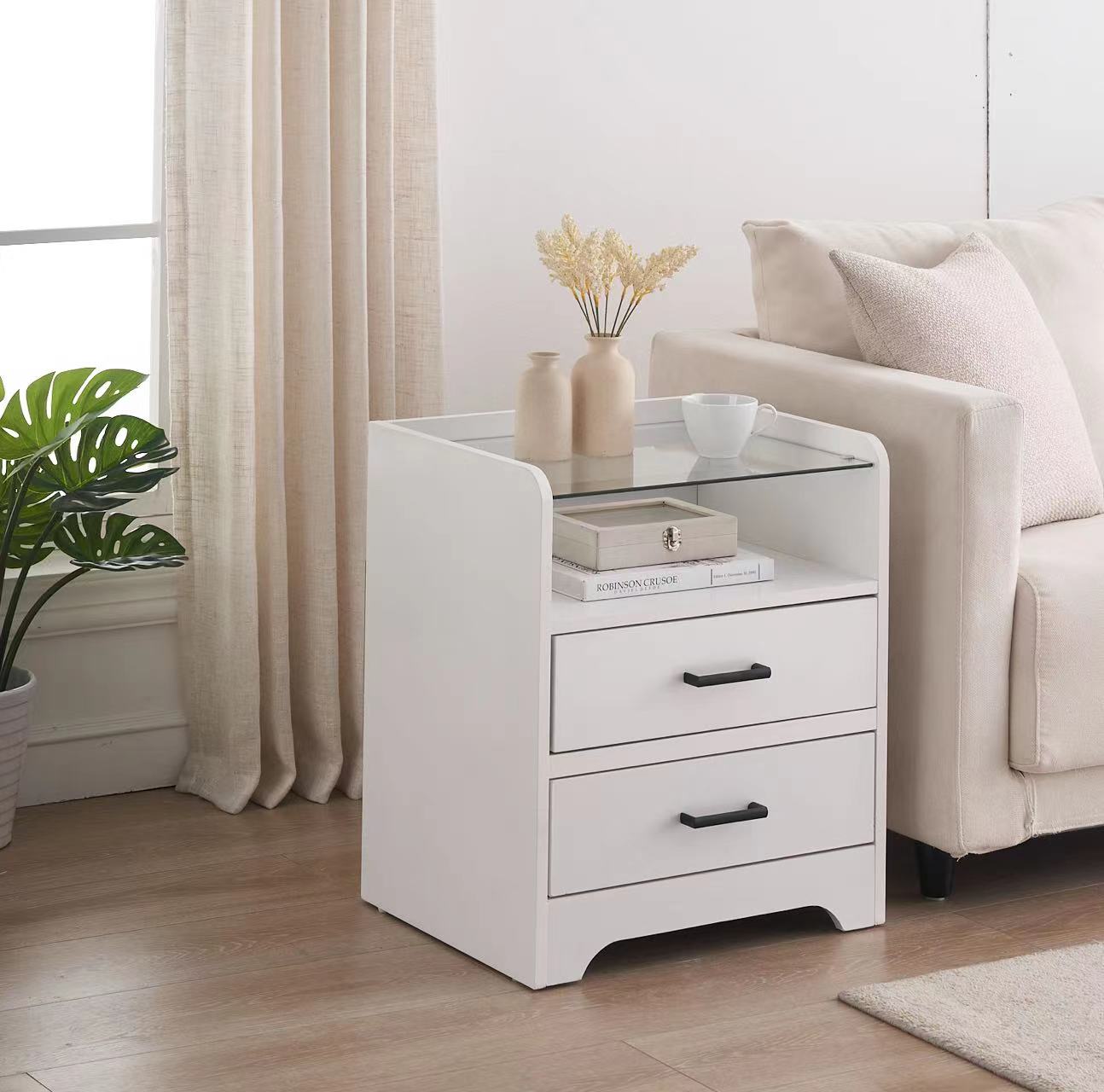 LED Nightstand With 2 Drawers, Modern Bedside Table With LED Light and Glass Top