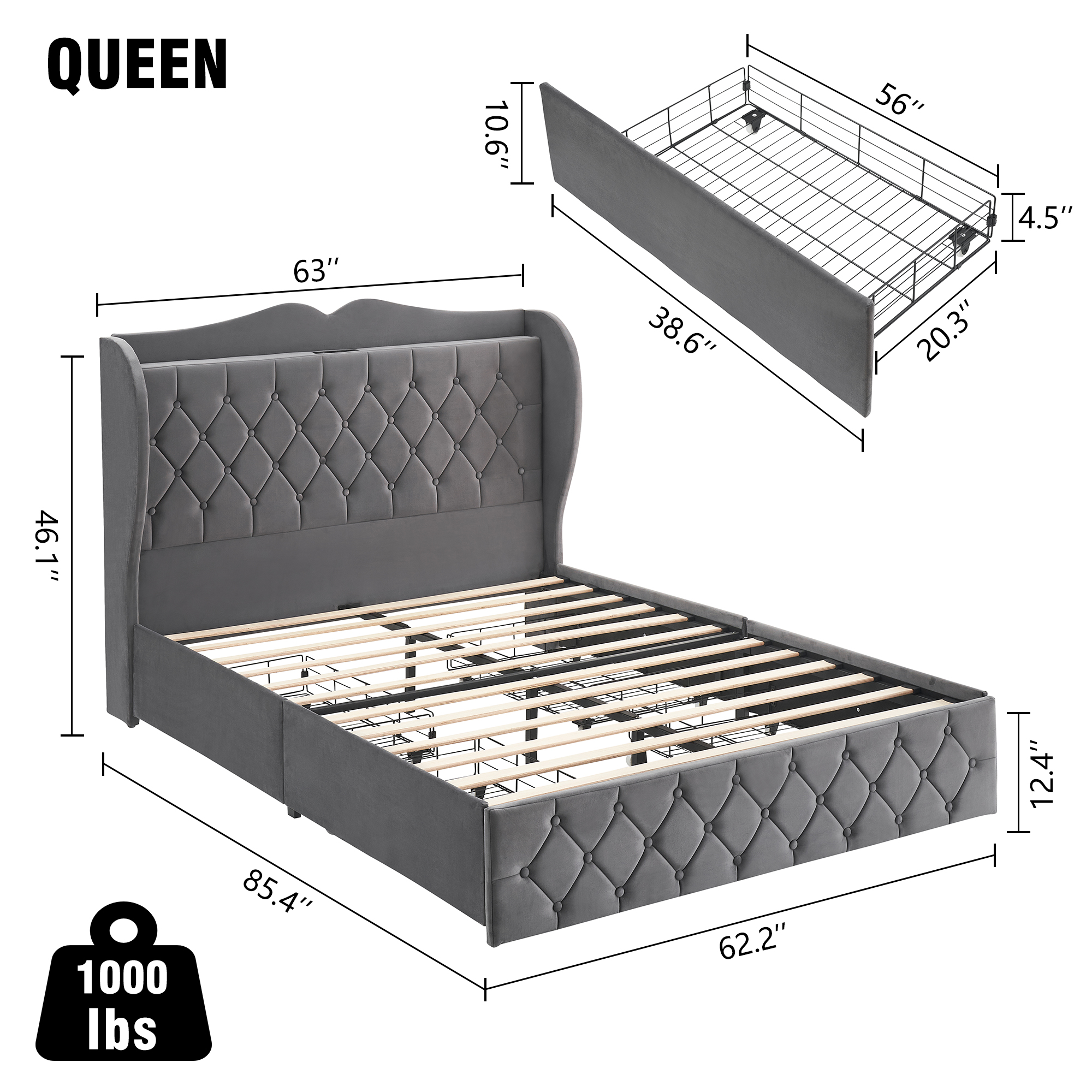 King Upholstered Platform Bed Frame with 4 Drawers and Adjustable Headboard