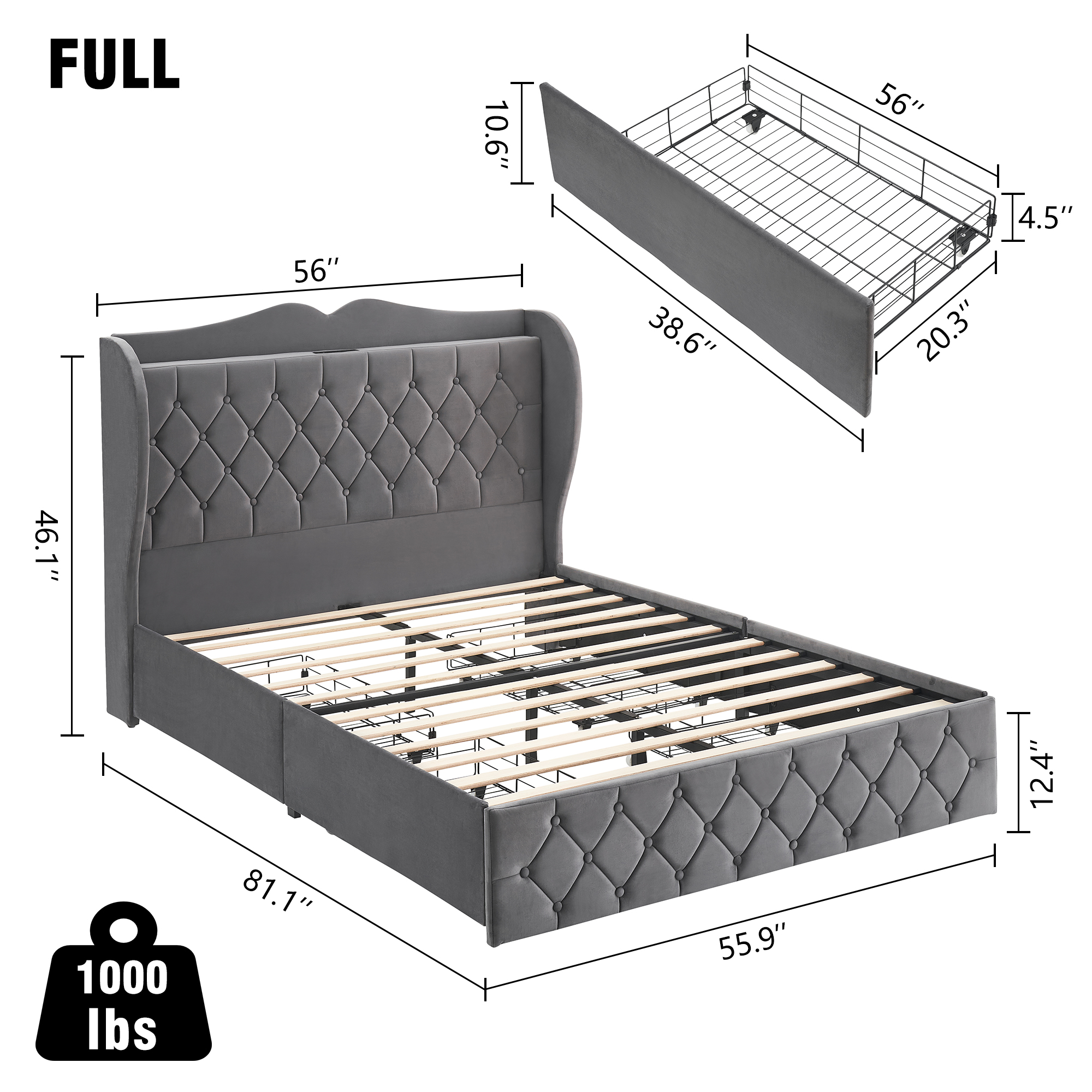 King Upholstered Platform Bed Frame with 4 Drawers and Adjustable Headboard