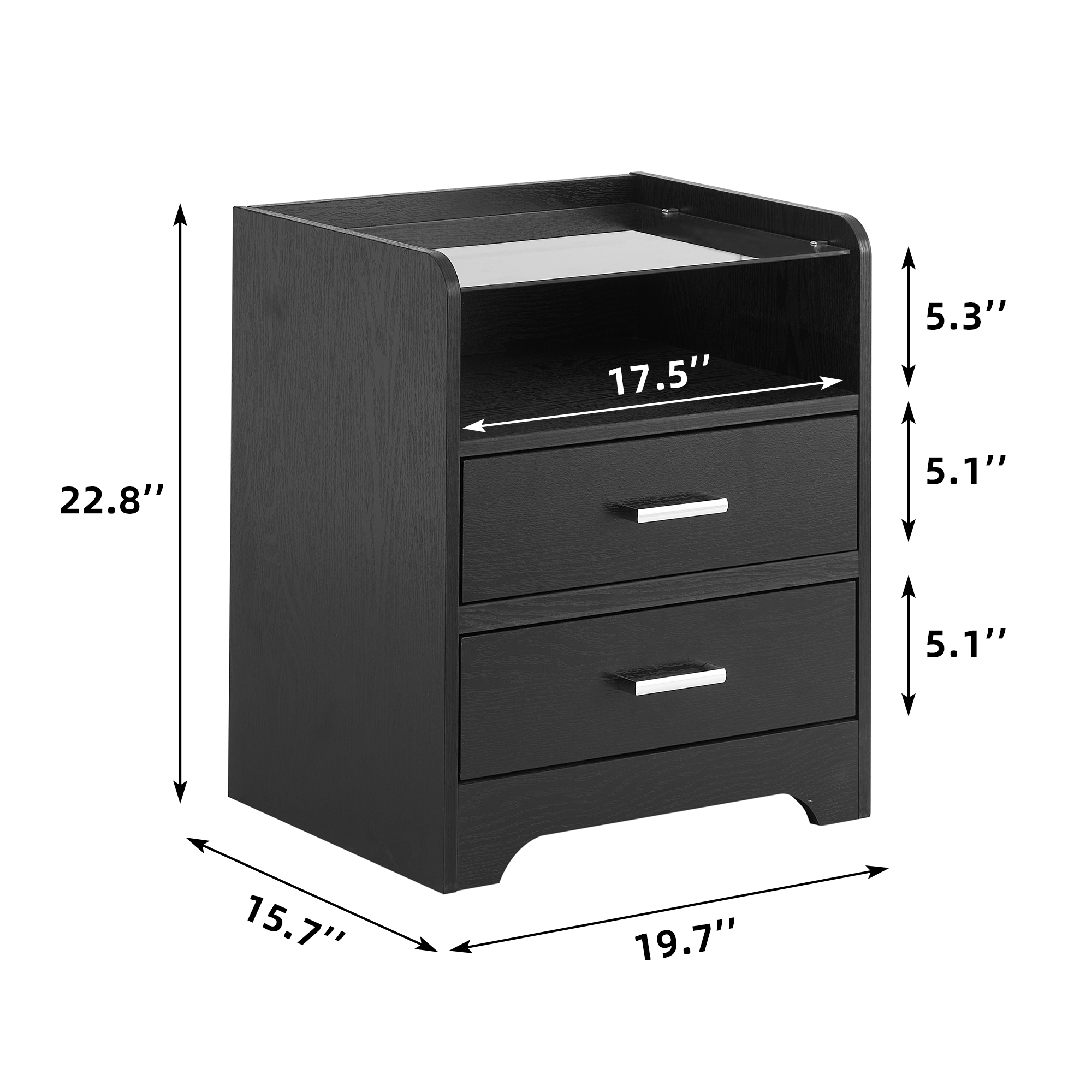 LED Nightstand With 2 Drawers, Modern Bedside Table With LED Light and Glass Top