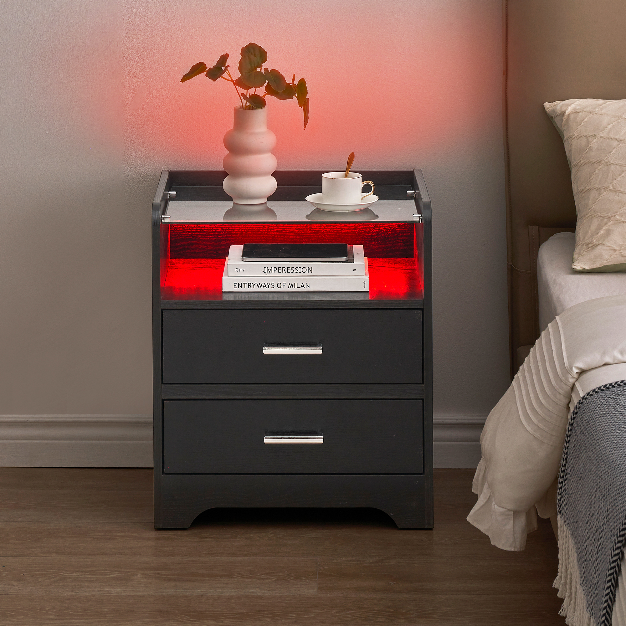 LED Nightstand With 2 Drawers, Modern Bedside Table With LED Light and Glass Top