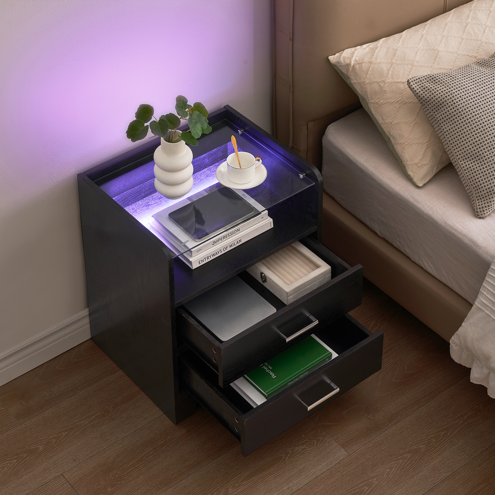 LED Nightstand With 2 Drawers, Modern Bedside Table With LED Light and Glass Top